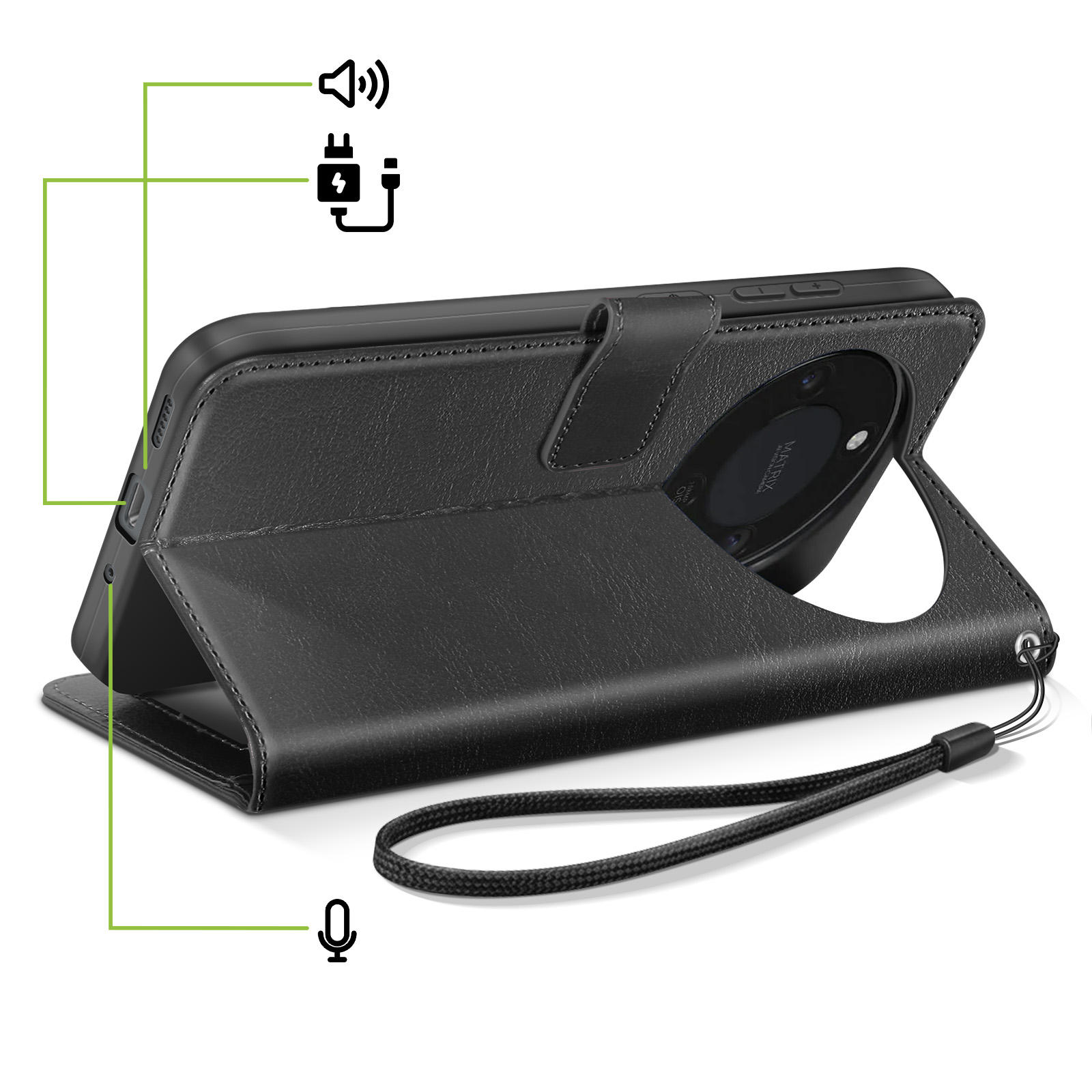 Zwarte telefoonhoes met polsband en pictogrammen voor geluid, opladen en microfoon.