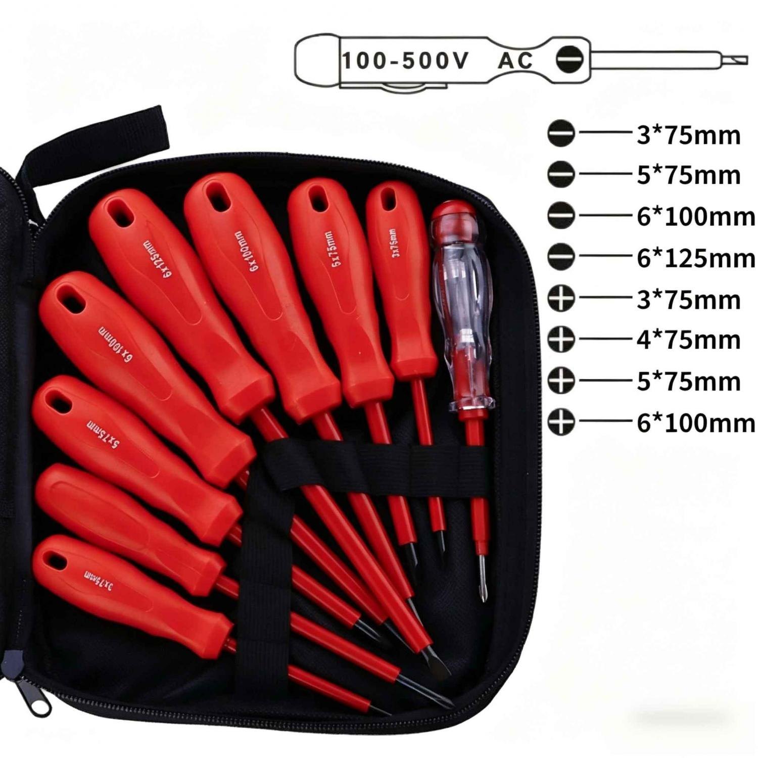 Ein Satz roter Schraubendreher mit verschiedenen Größen, in einer schwarzen Tasche.