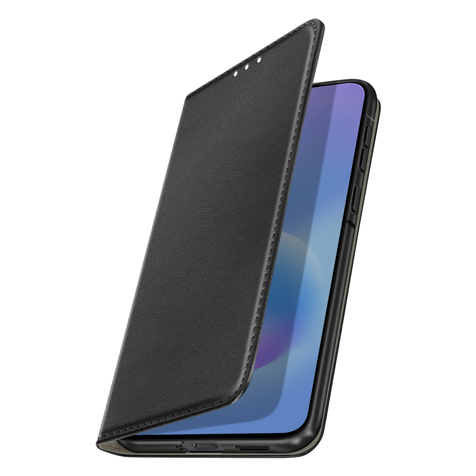 Téléphone noir avec un étui à rabat ouvert, isolé sur fond blanc.
