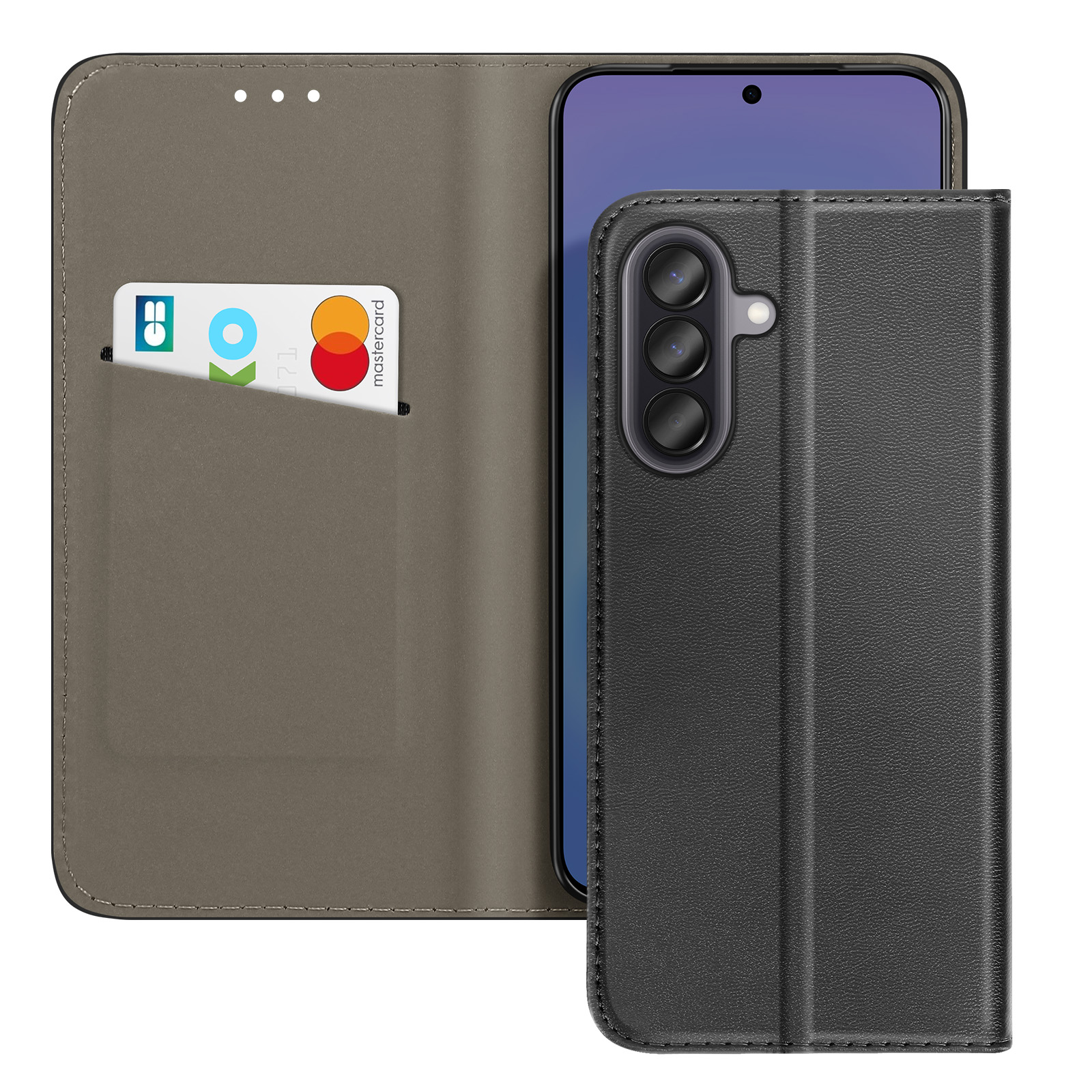 Un téléphone noir dans un étui gris avec un emplacement pour carte et Mastercard.