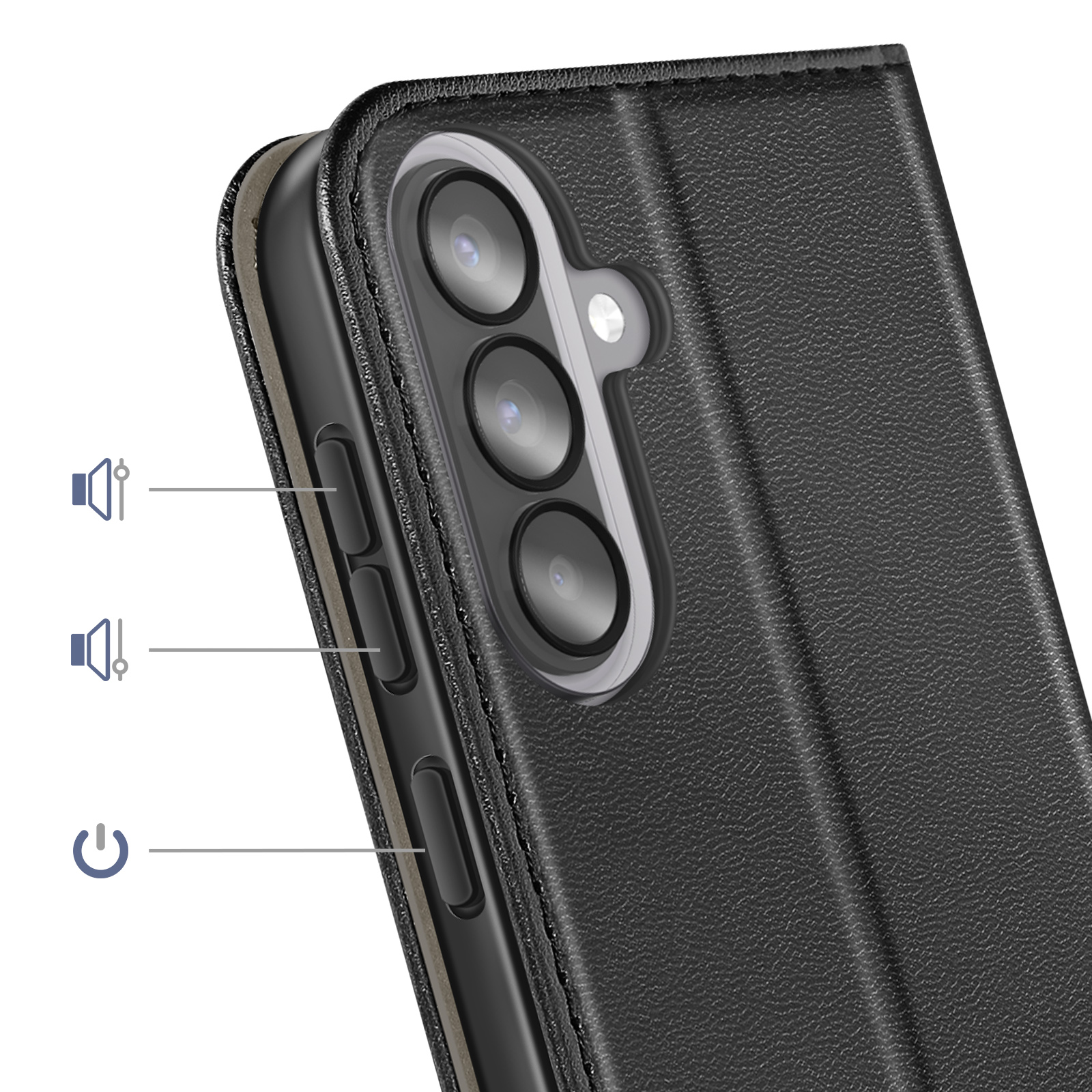 Gros plan d'un étui de téléphone noir montrant des objectifs de caméra et des boutons latéraux.