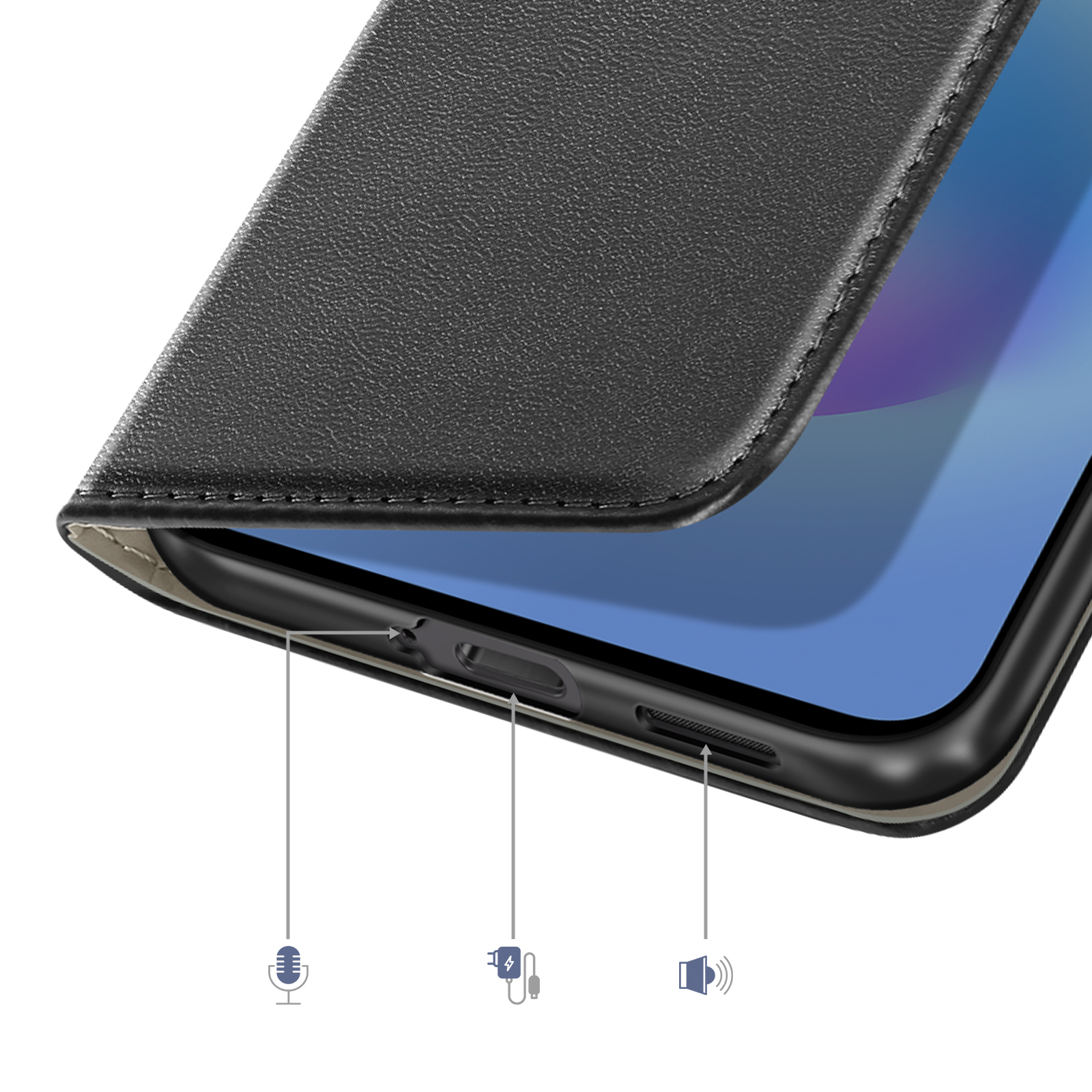 Étui de téléphone en cuir noir montrant les ports pour microphone, chargement et haut-parleur.