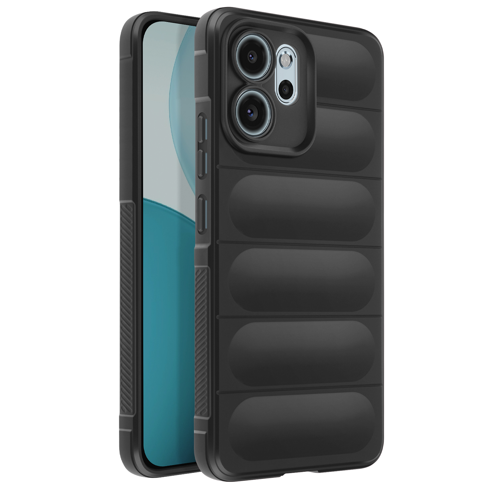 Coque de téléphone noire avec un design rembourré et îlot caméra.