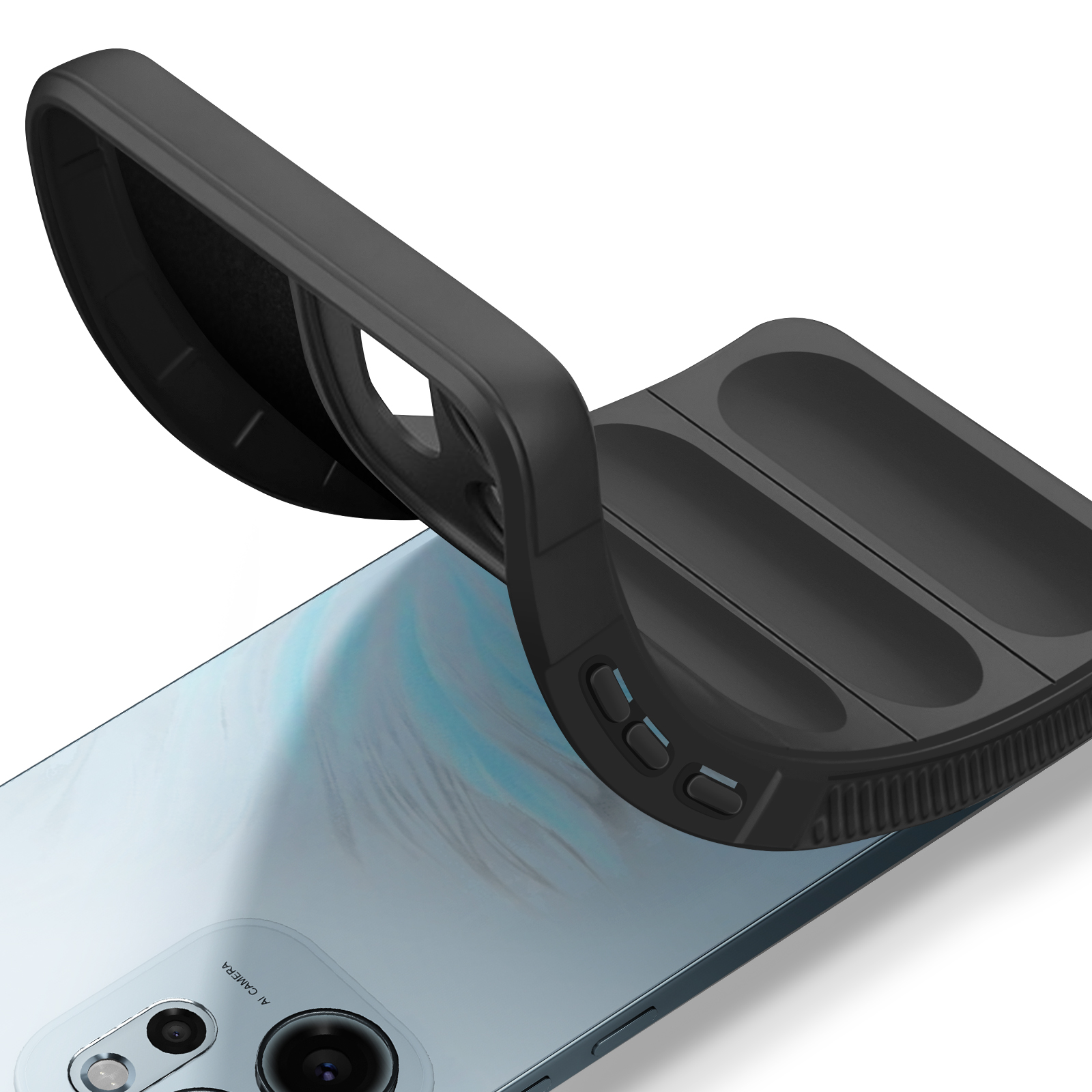 Coque de téléphone noire sur un téléphone avec motif bleu au dos.