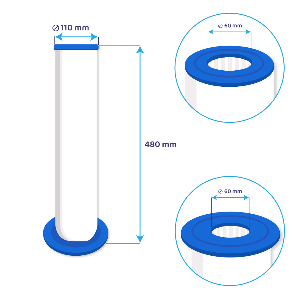 Ein weißer Zylinder mit blauen Ringen oben und unten. Maße: 480 mm Höhe, 110 mm Durchmesser.