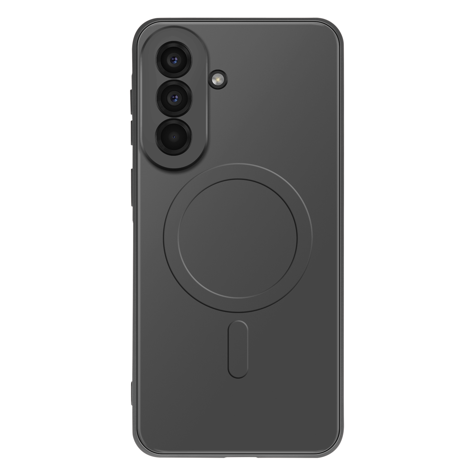 Donkergrijs telefoonhoesje met drie camera's, flitser en MagSafe-ring.