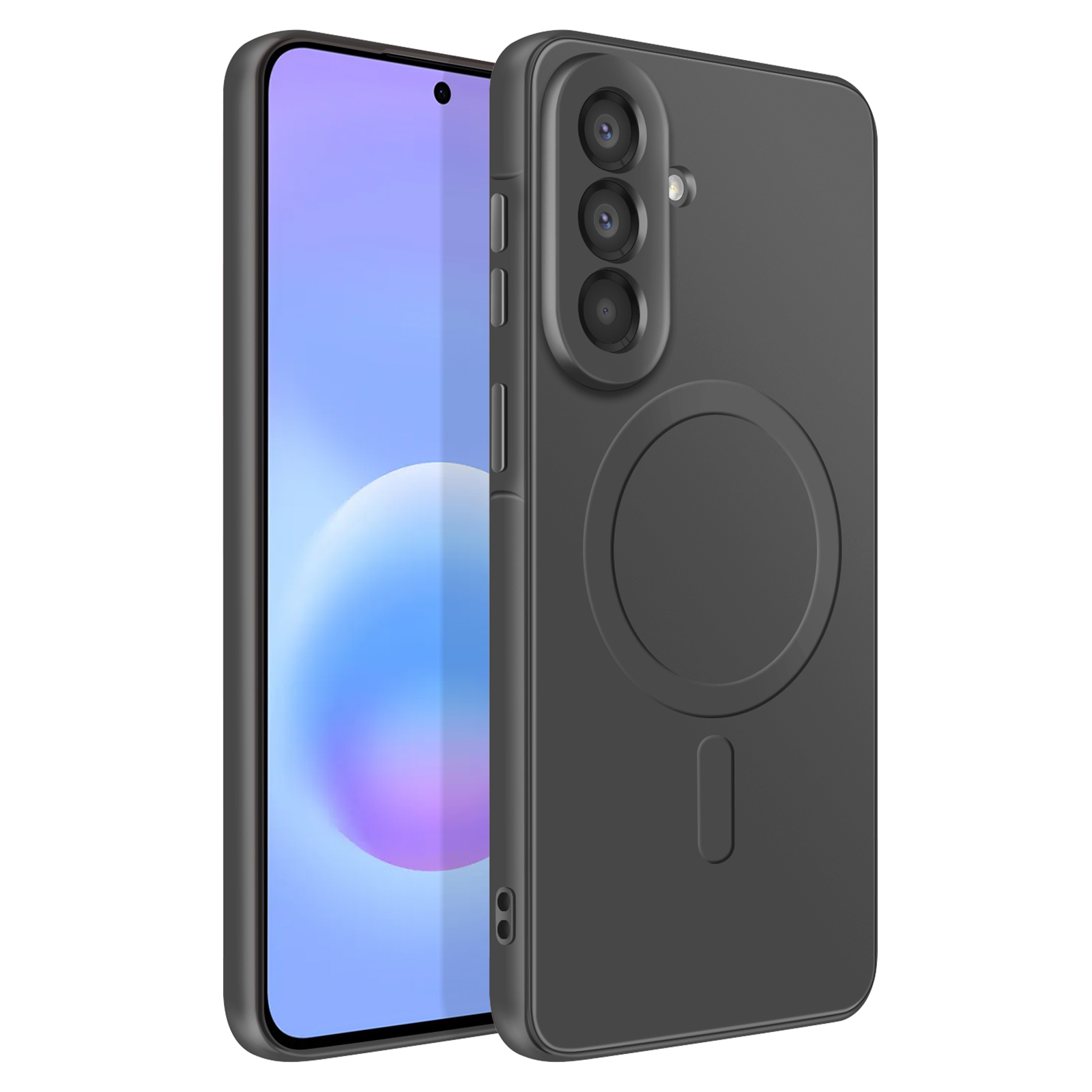 Een zwarte smartphone met drie camera's achter en een ronde magnetische ring.
