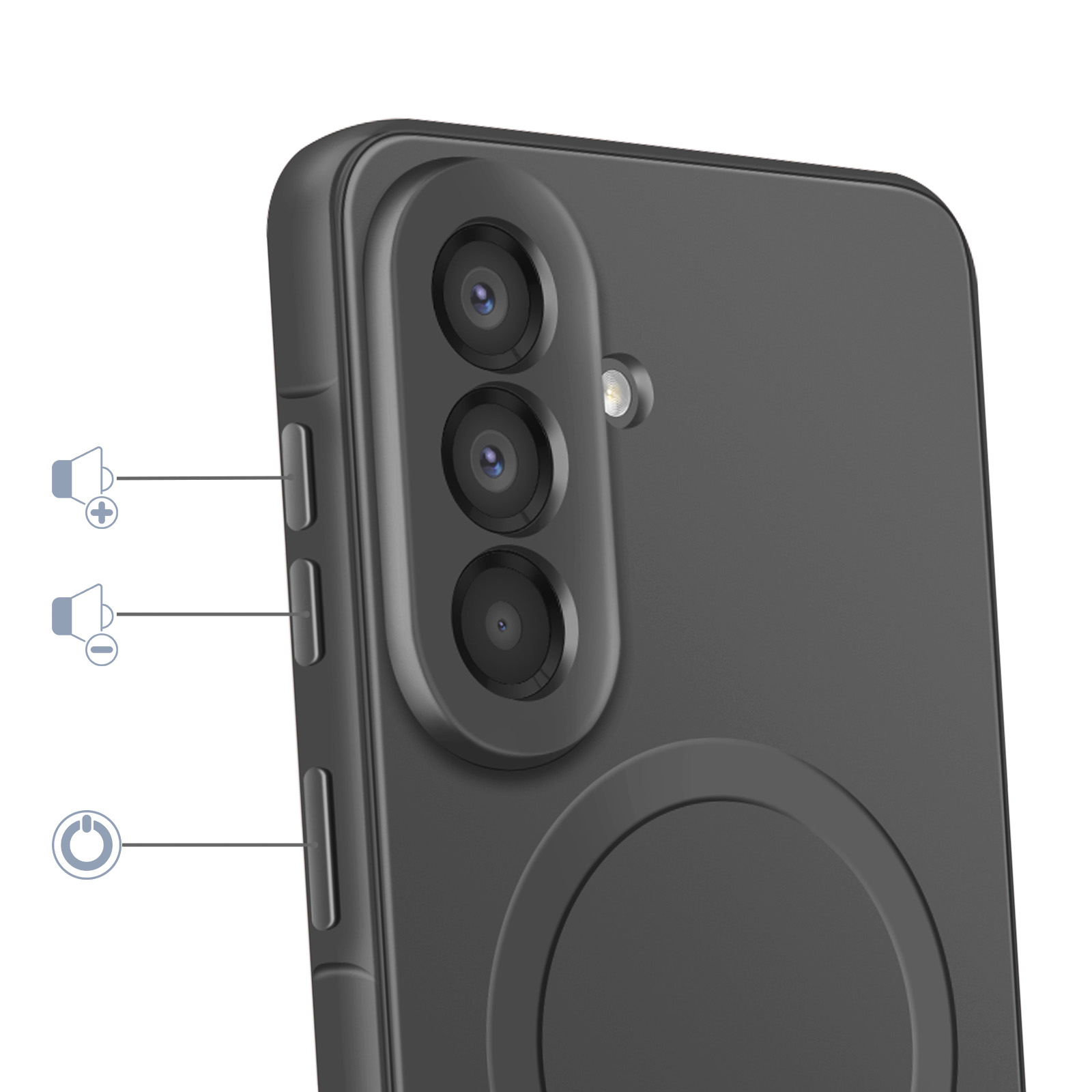 Donkergrijs toestel met drie camera's, volume- en aan/uit-knoppen.