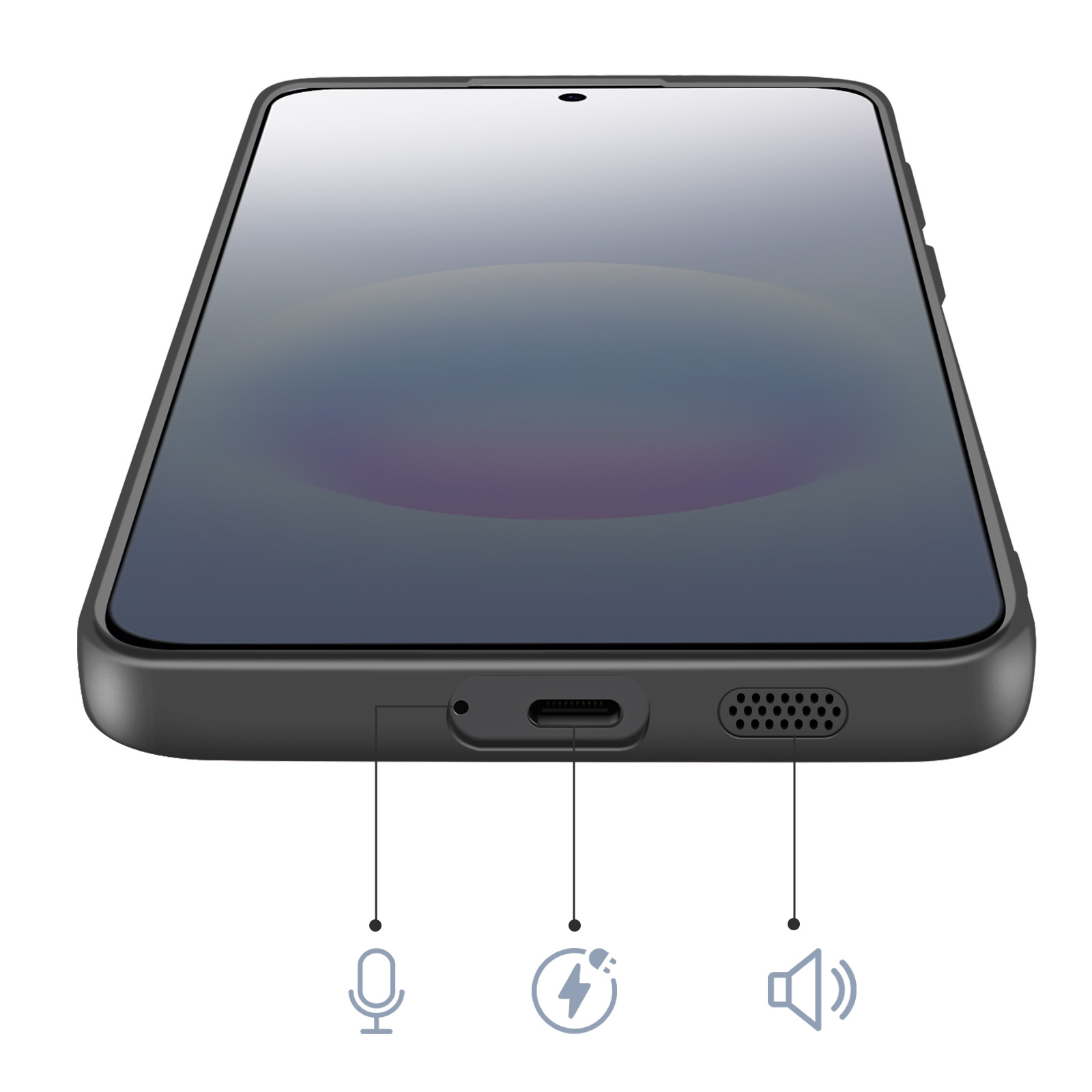 Een zwarte smartphone met USB-C-poort, microfoon en luidspreker.