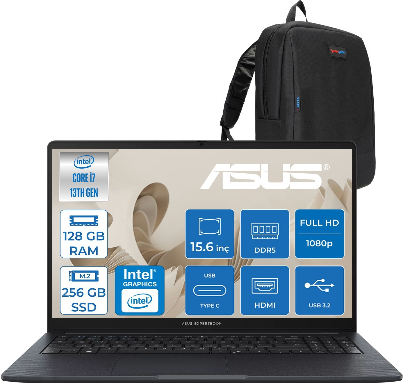 Intel Core i7, 128 GB RAM, 256 GB SSD'li siyah dizüstü bilgisayar ve siyah sırt çantası.