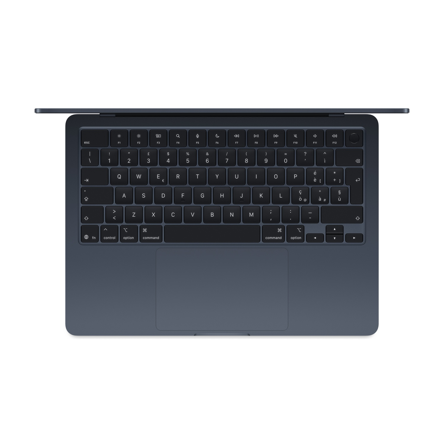 Ciemnoniebieska klawiatura i gładzik laptopa widziane z góry. Pokrywa jest lekko uchylona.