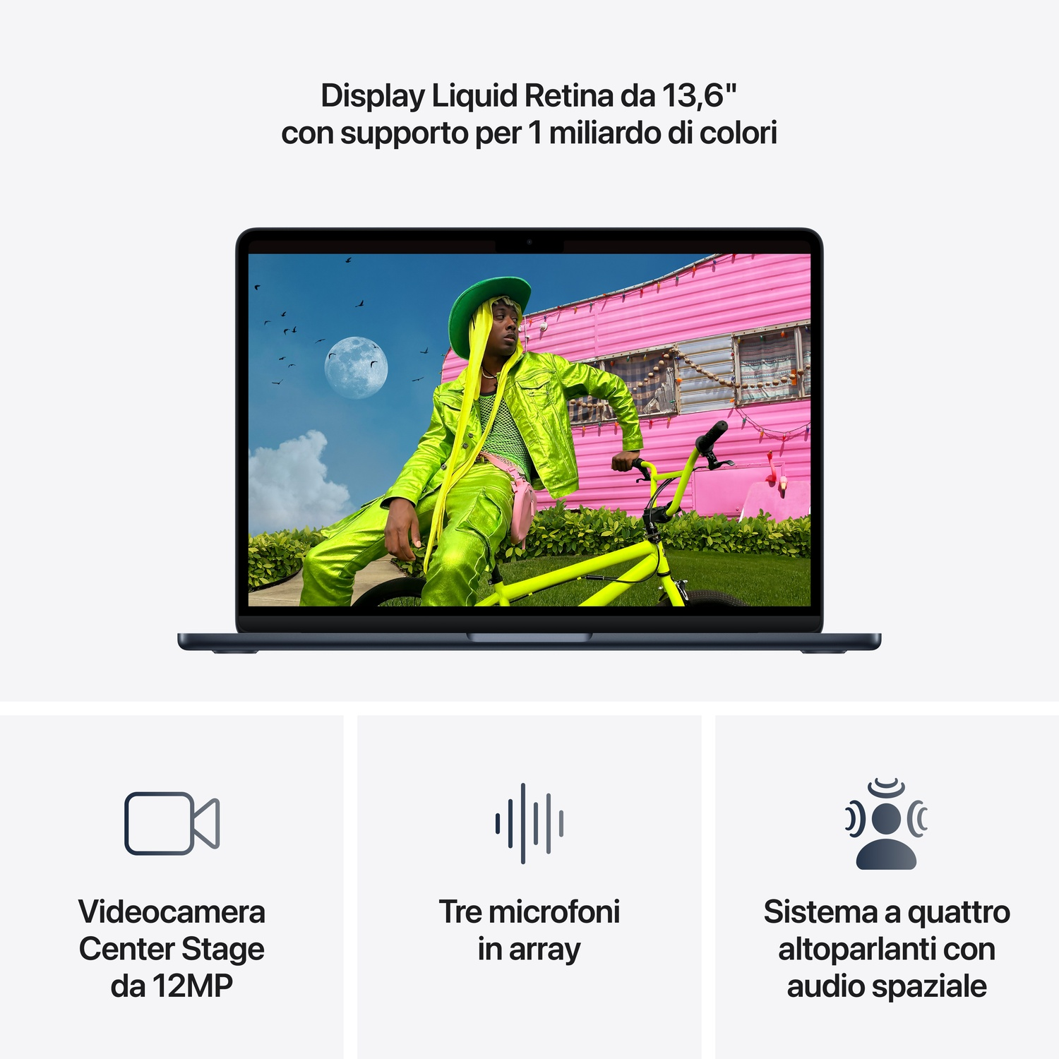 Laptop z ekranem 13,6 cala; osoba w żółtym ubraniu z rowerem przed przyczepą.