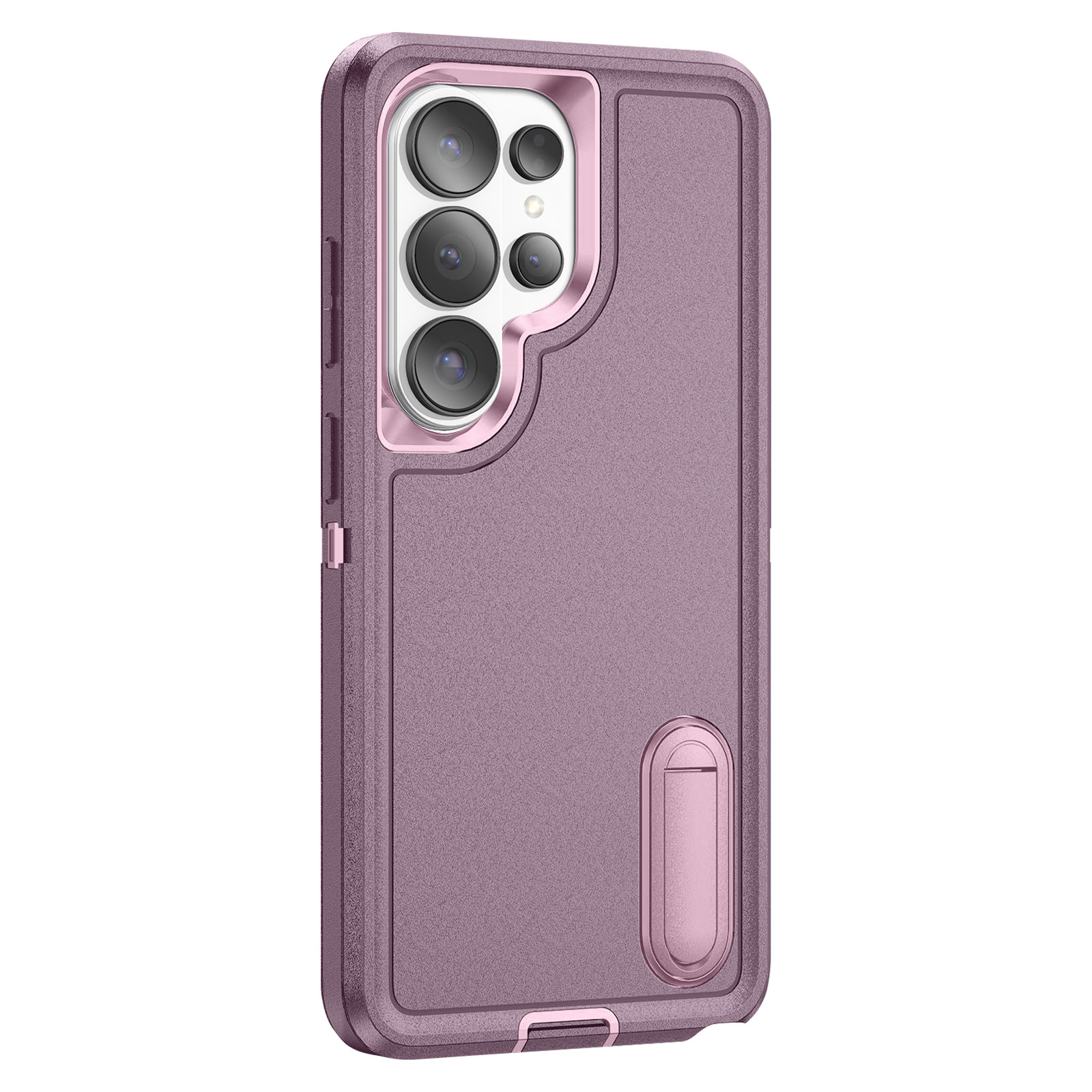 Paarse telefoonhoes met vier camera's, een standaard en een getextureerde afwerking.
