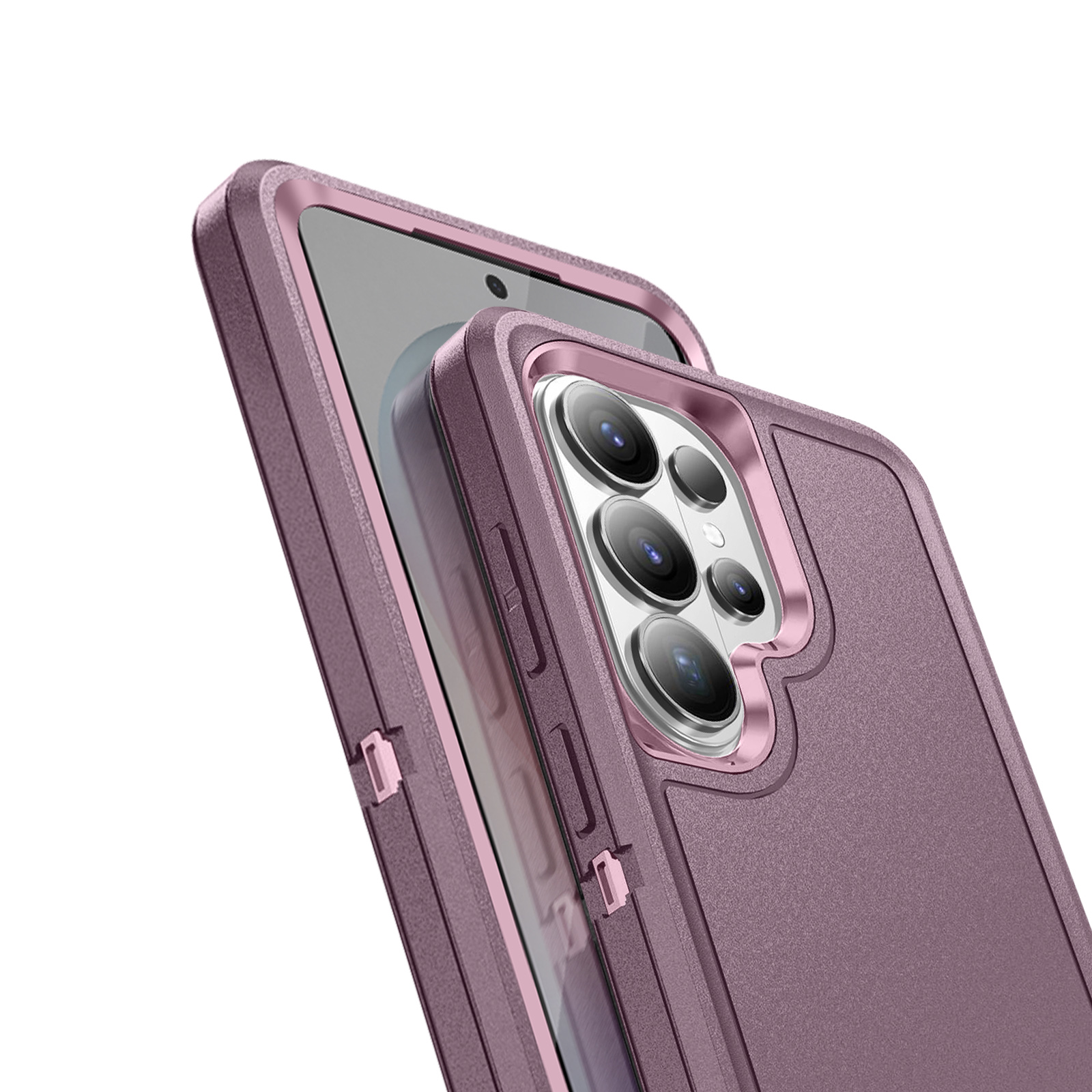 Een paarse telefoon met drievoudige camera in een beschermhoes.