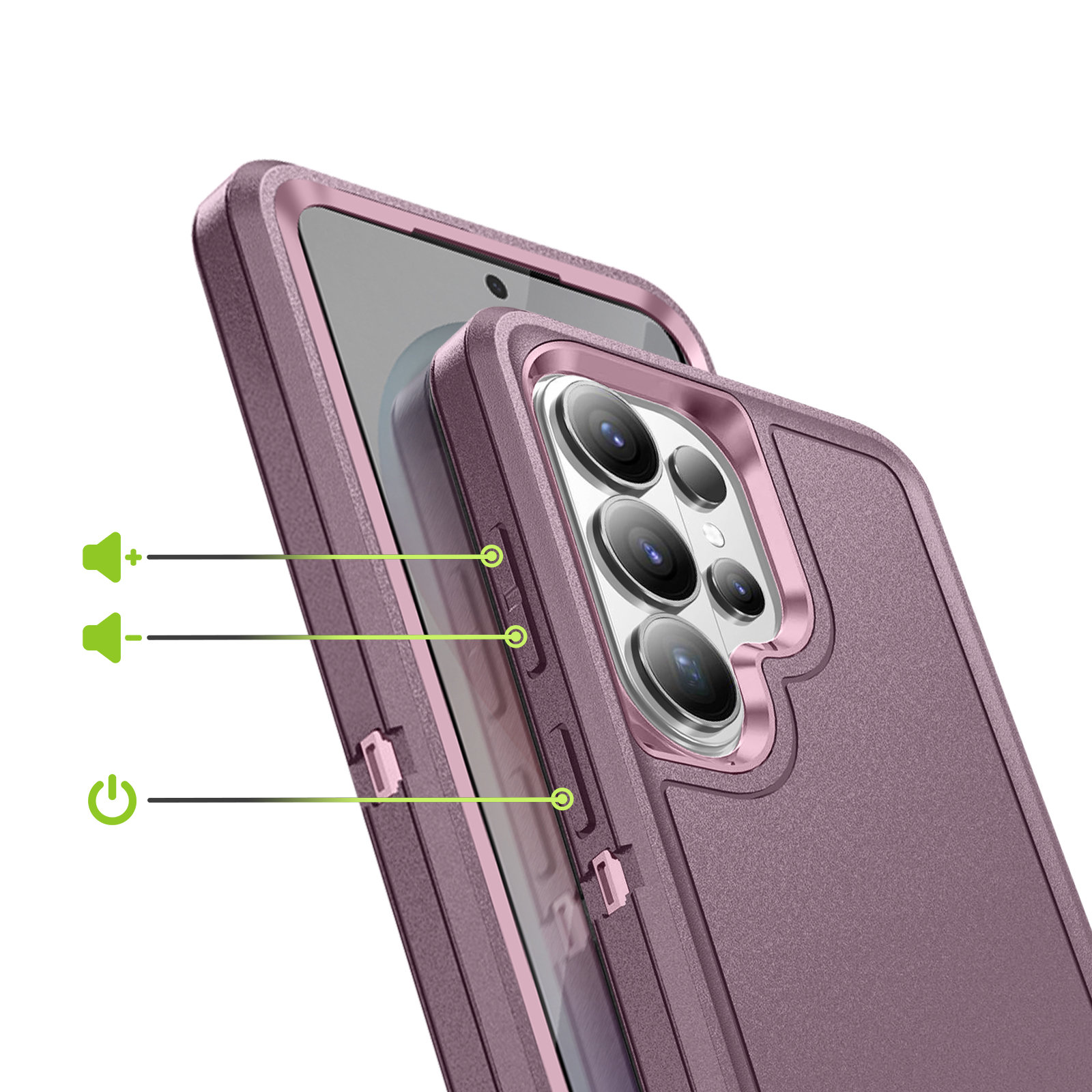 Paarse telefoonhoes met drie camera's en volumeknoppen.