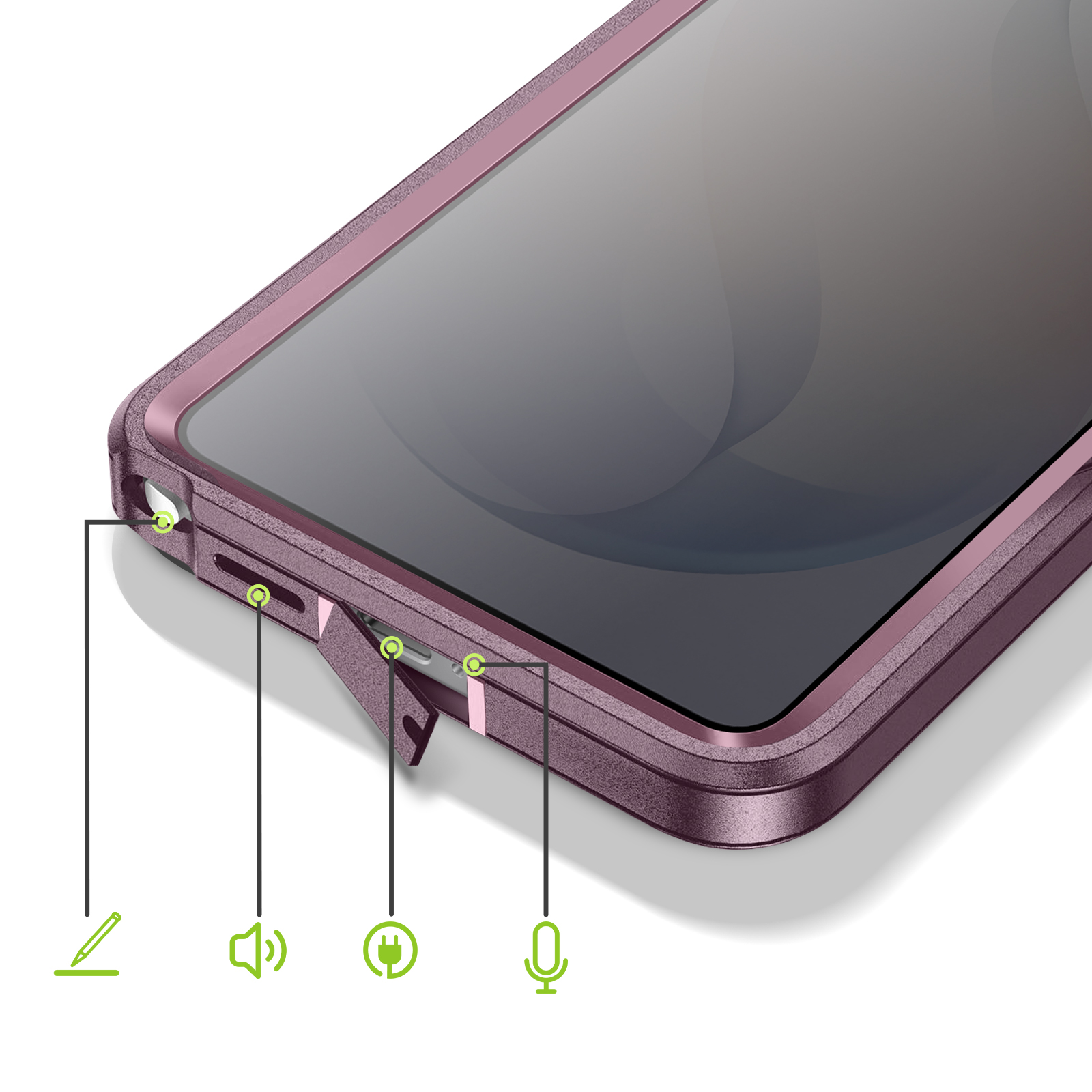Paarse telefoonhoes met iconen voor stylus, luidspreker, oplader en microfoon.