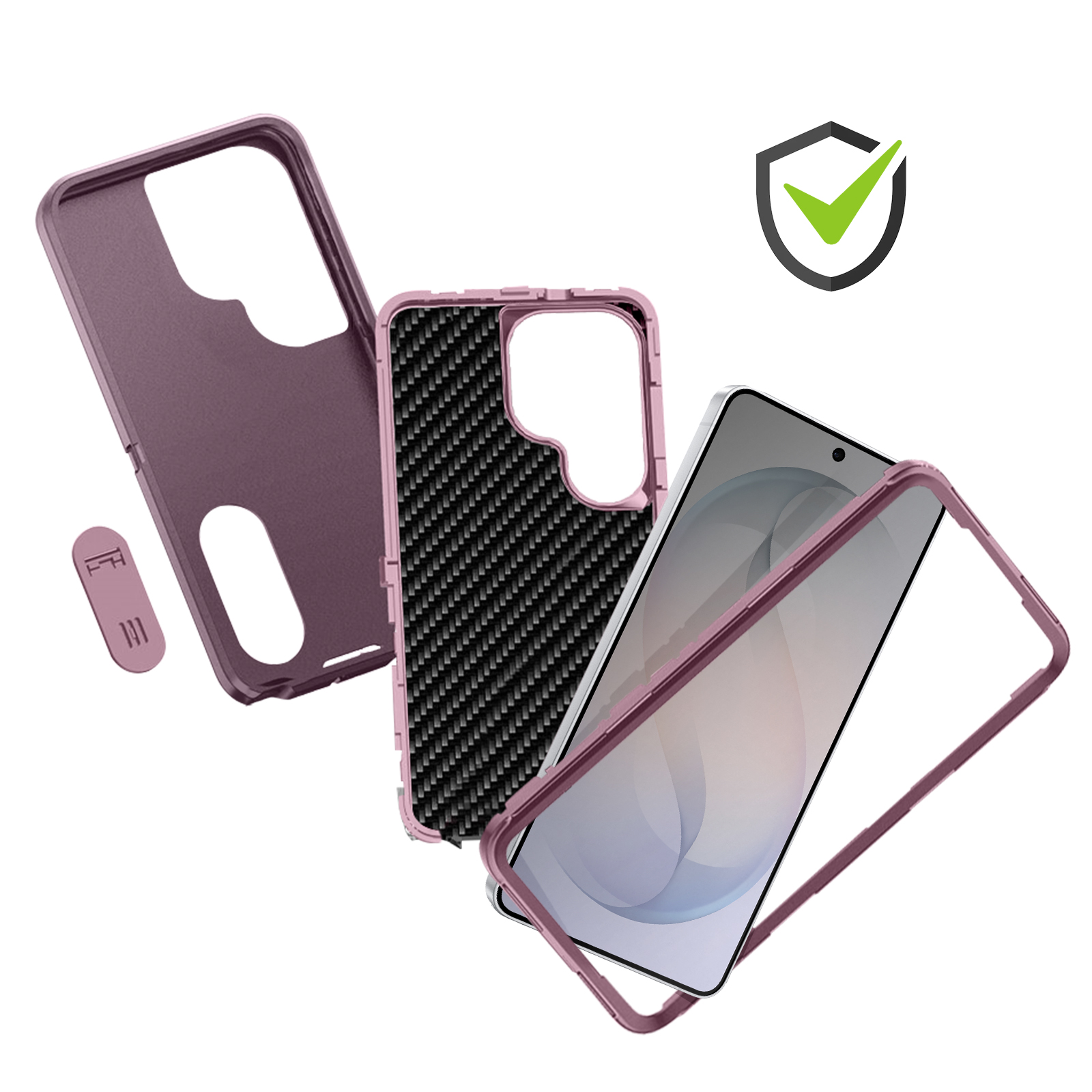 Exploded view van een paarse telefoonhoes met koolstofvezeltextuur en schermprotector.