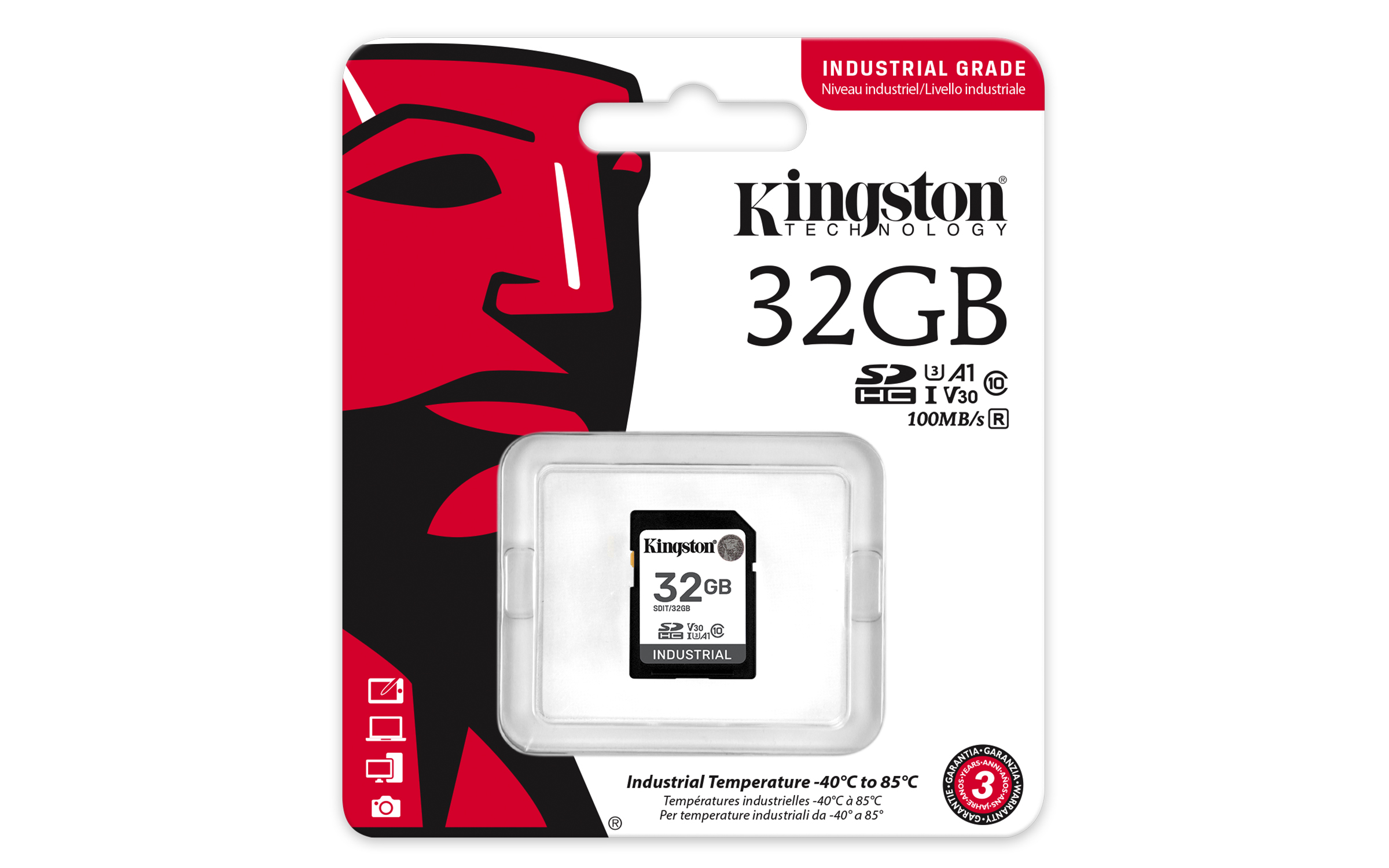Kingston 32GB SD-kaart in verpakking met rode gezichtsgrafiek. Industriële kwaliteit.