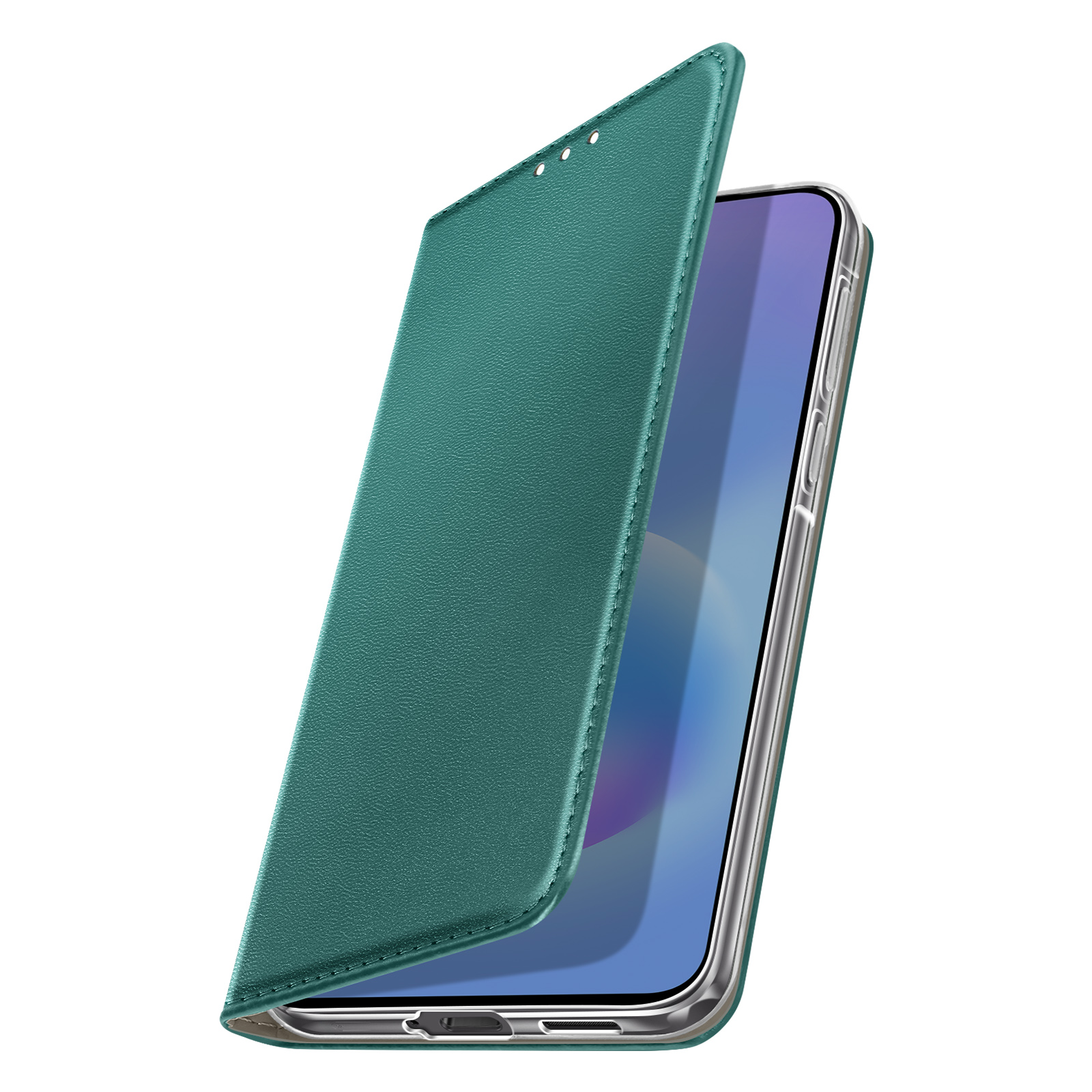 Een teal lederen flip case voor een smartphone, gedeeltelijk open.