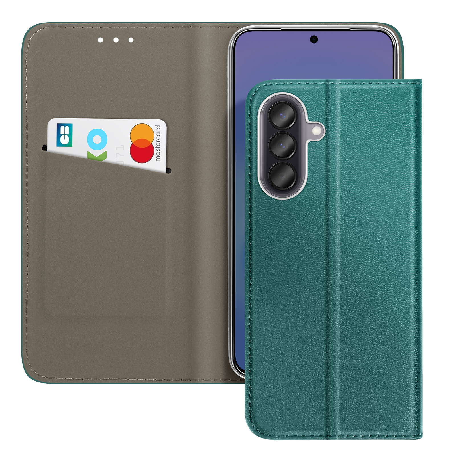 Groene telefoonhoes met kaarthouder en geïntegreerde smartphone.