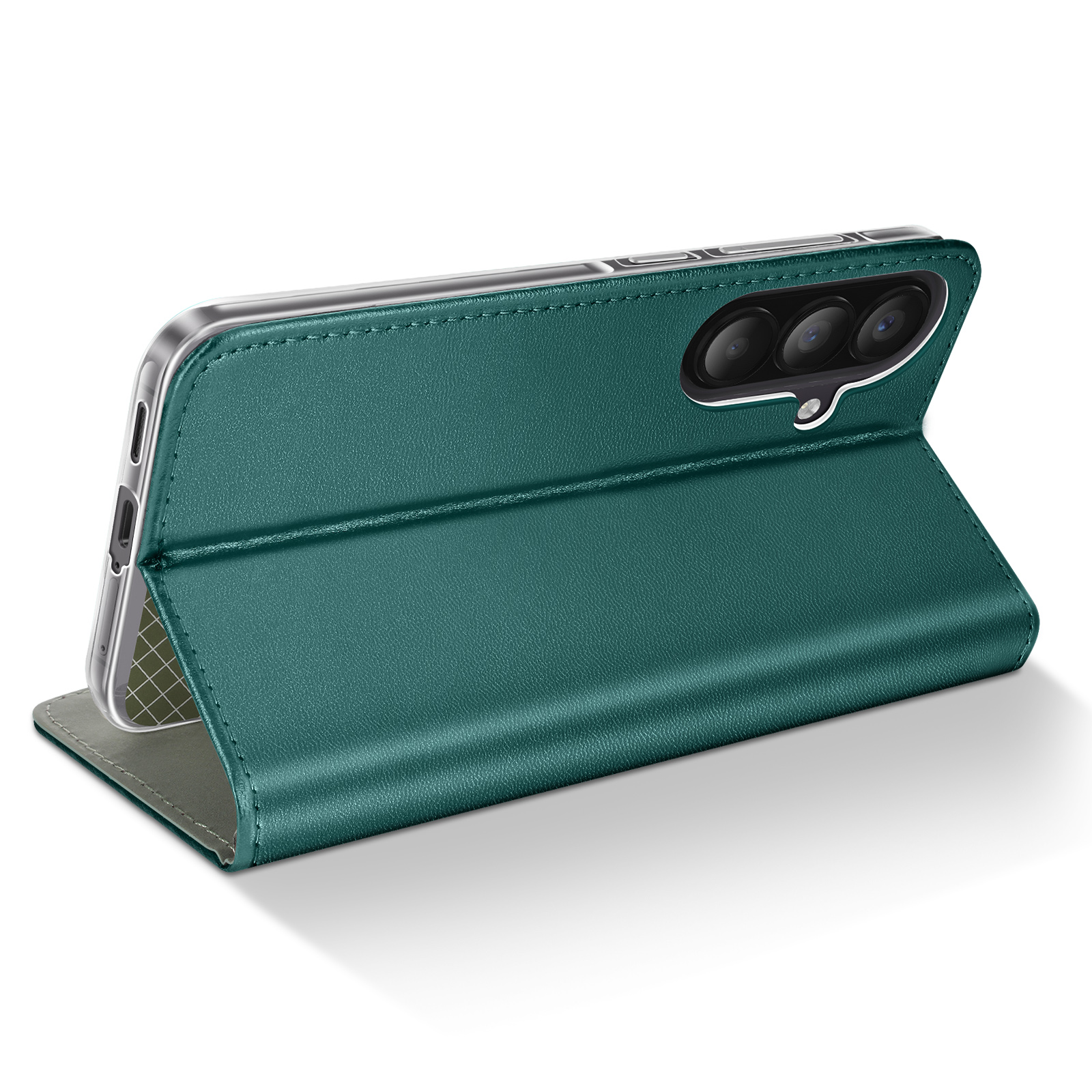 Een smaragdgroene telefoonhoes met drie camera's, die als standaard dient.