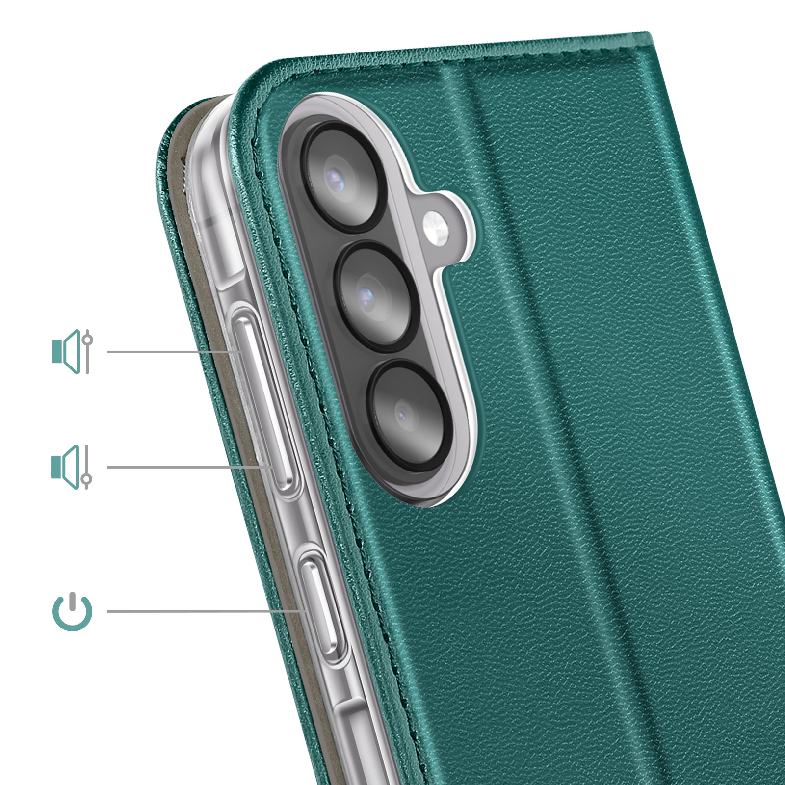 Groene telefoonhoes met cameralens en volume-/aan/uitknoppen met iconen.
