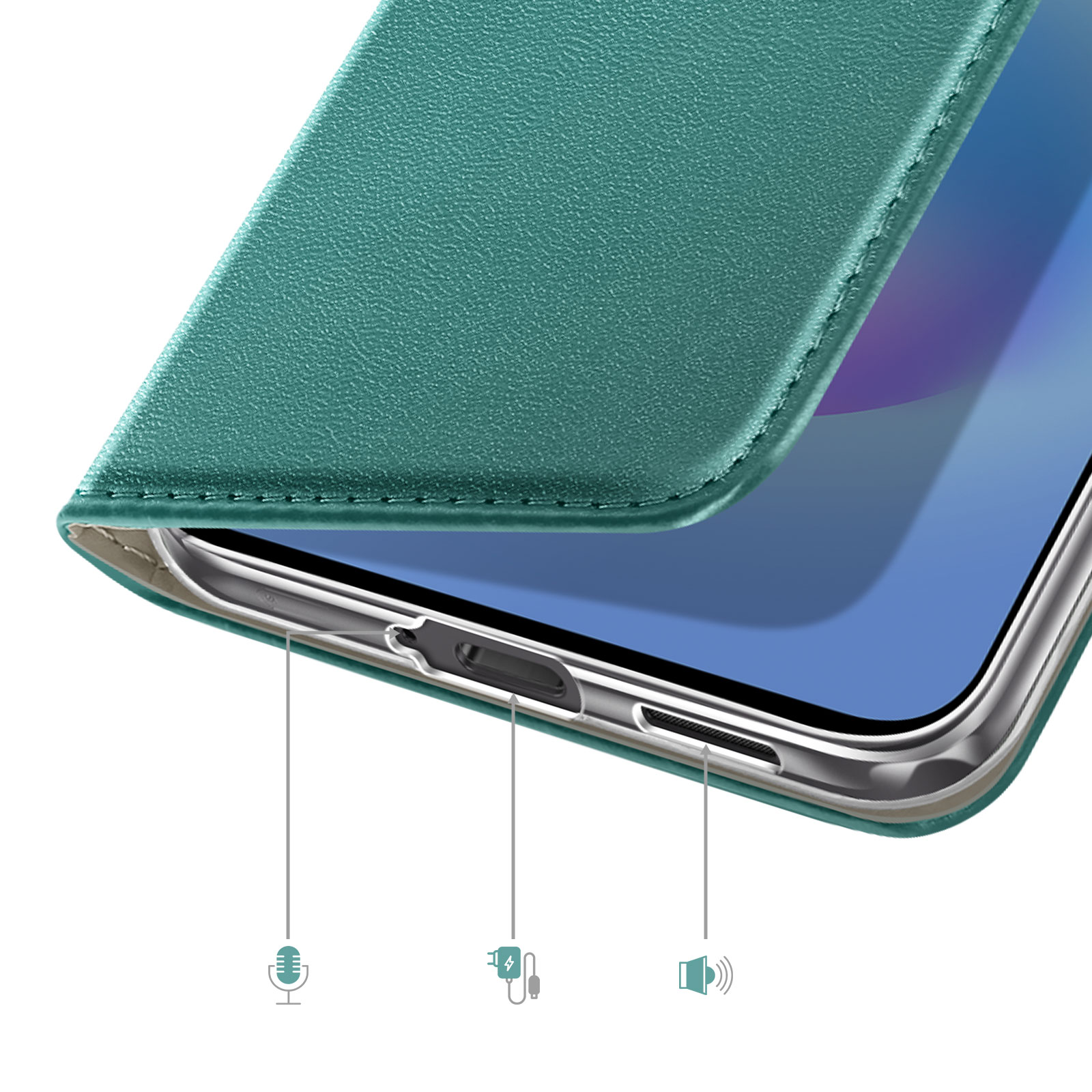 Een teal telefoonhoesje ligt op een smartphone. Microfoon, oplaadpoort en luidspreker zichtbaar.