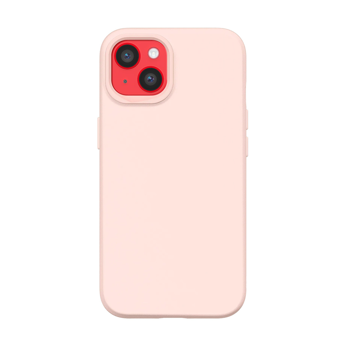 Een lichtroze iPhone hoesje met een rood camera-eiland en twee lenzen.
