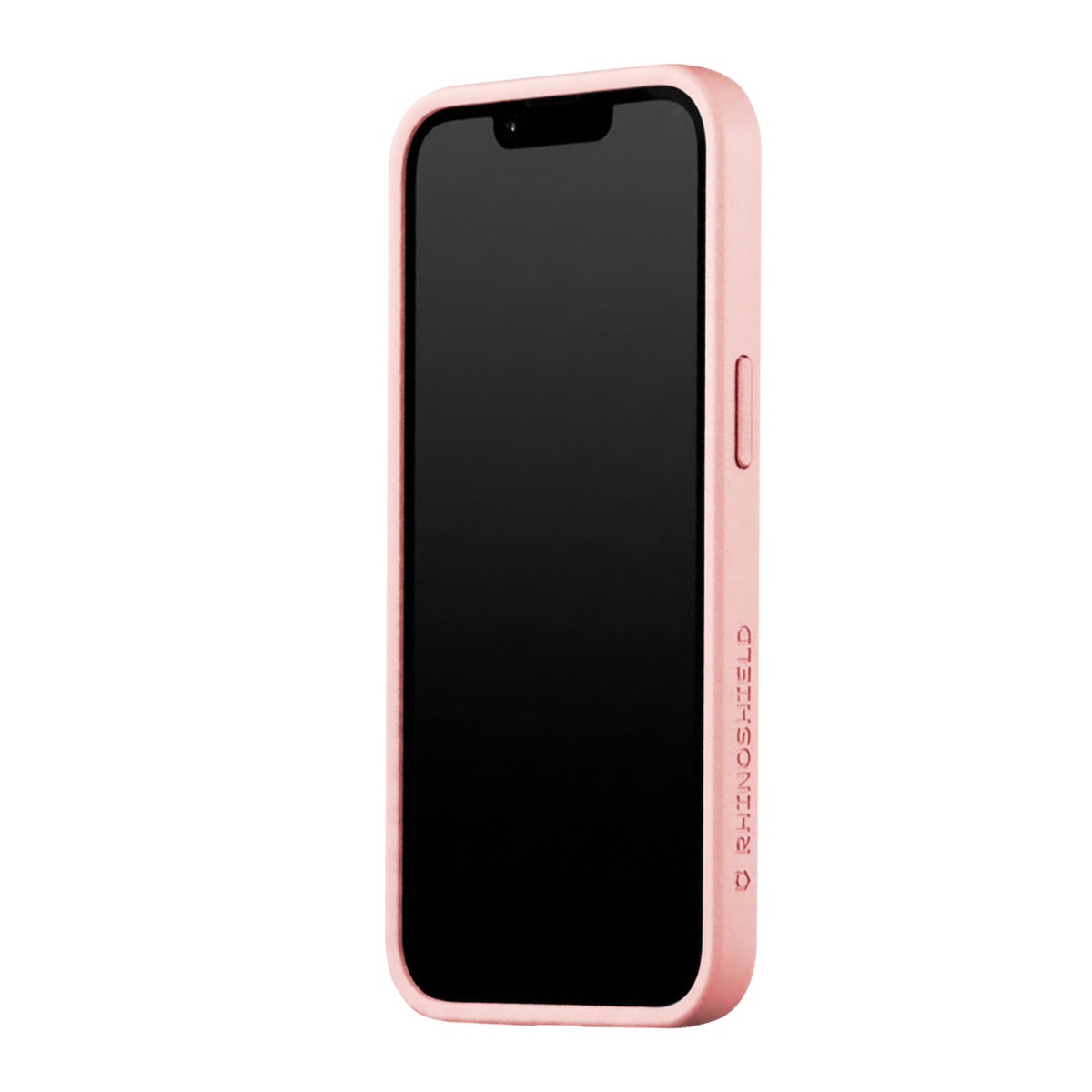 Een roze iPhone met beschermhoes, aan de rechterkant gelabeld.