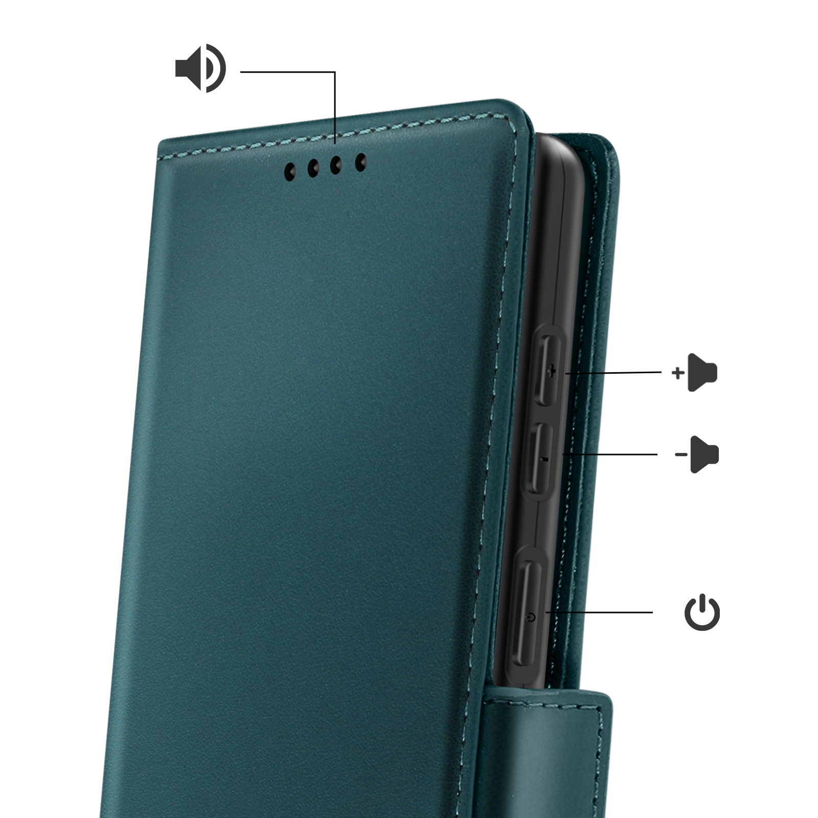 Ein türkisfarbener Handy-Schutz mit Lautstärke- und Power-Tasten.