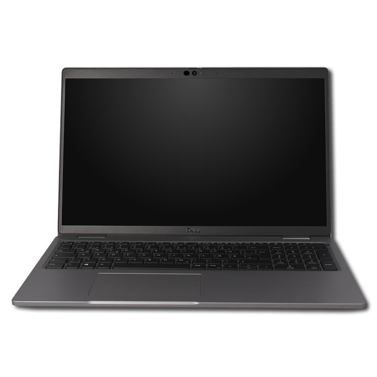 Ein grauer Dell Laptop mit Tastatur und Bildschirm ist frontal abgebildet.