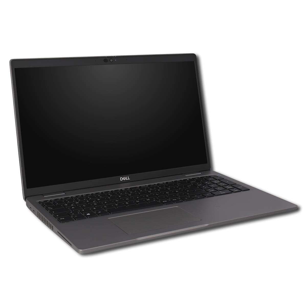 Ein geschlossener grauer Dell Laptop mit schwarzer Tastatur.