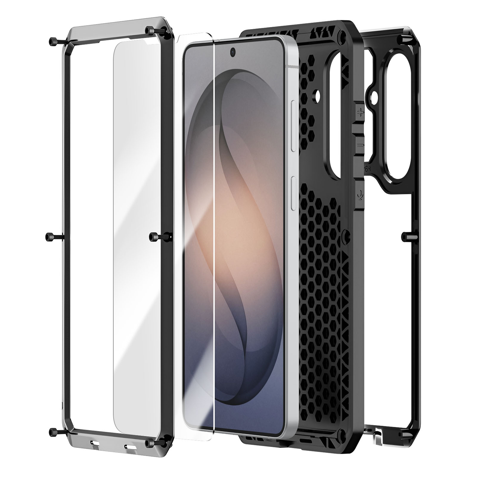 Ein Smartphone-Schutzcase mit drei Teilen: ein silbernes Handy, eine Displayschutzfolie und ein schwarzes Schutzgehäuse.
