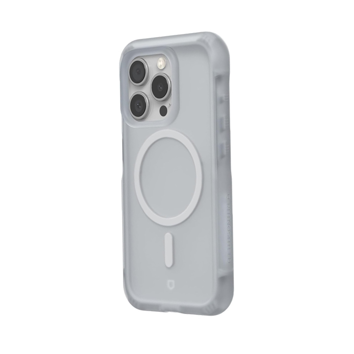 Grijze telefoonhoes met drie cameralenzen en een magnetische cirkel aan de achterkant.