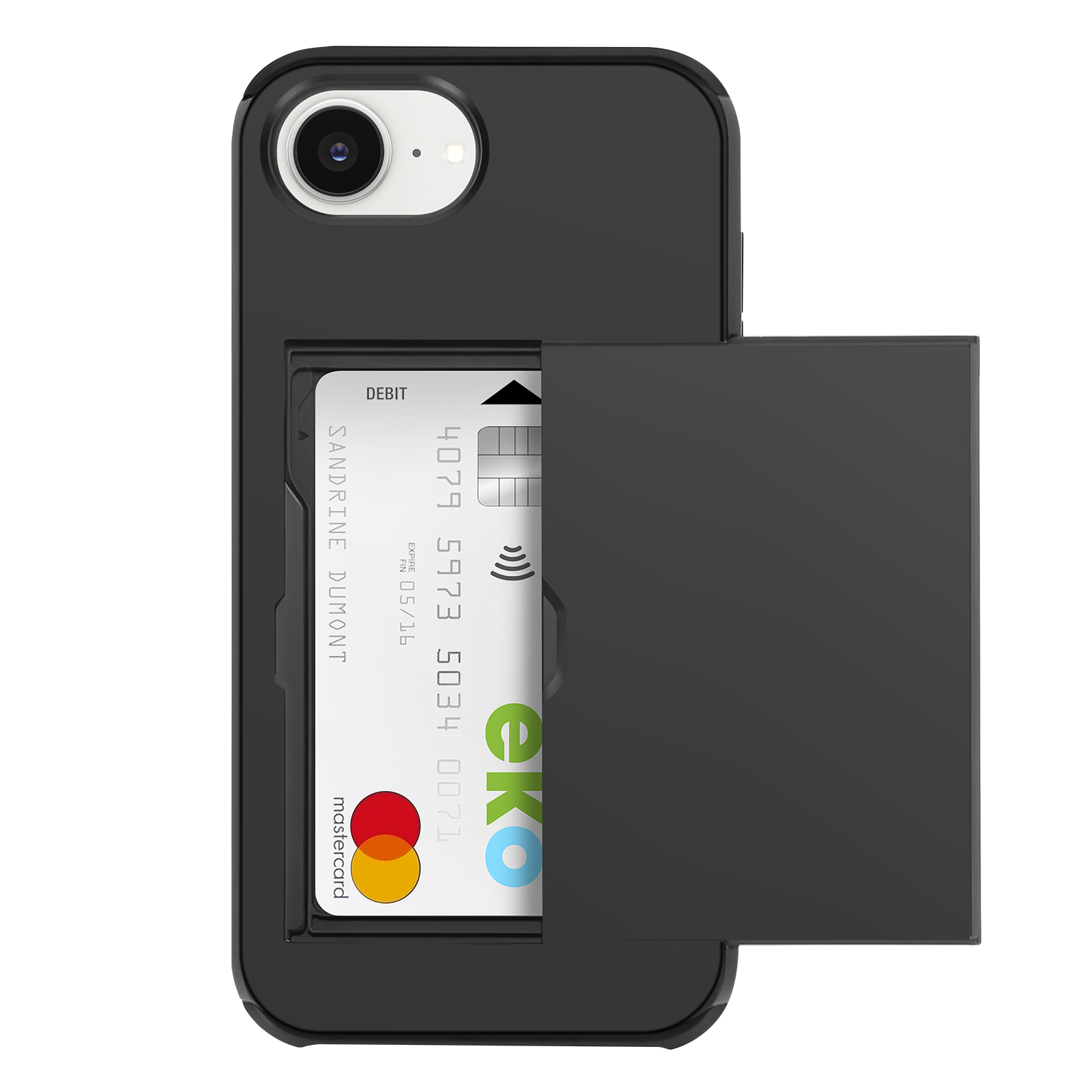 Custodia nera per telefono con slot per carte, mostra una carta di debito Mastercard.
