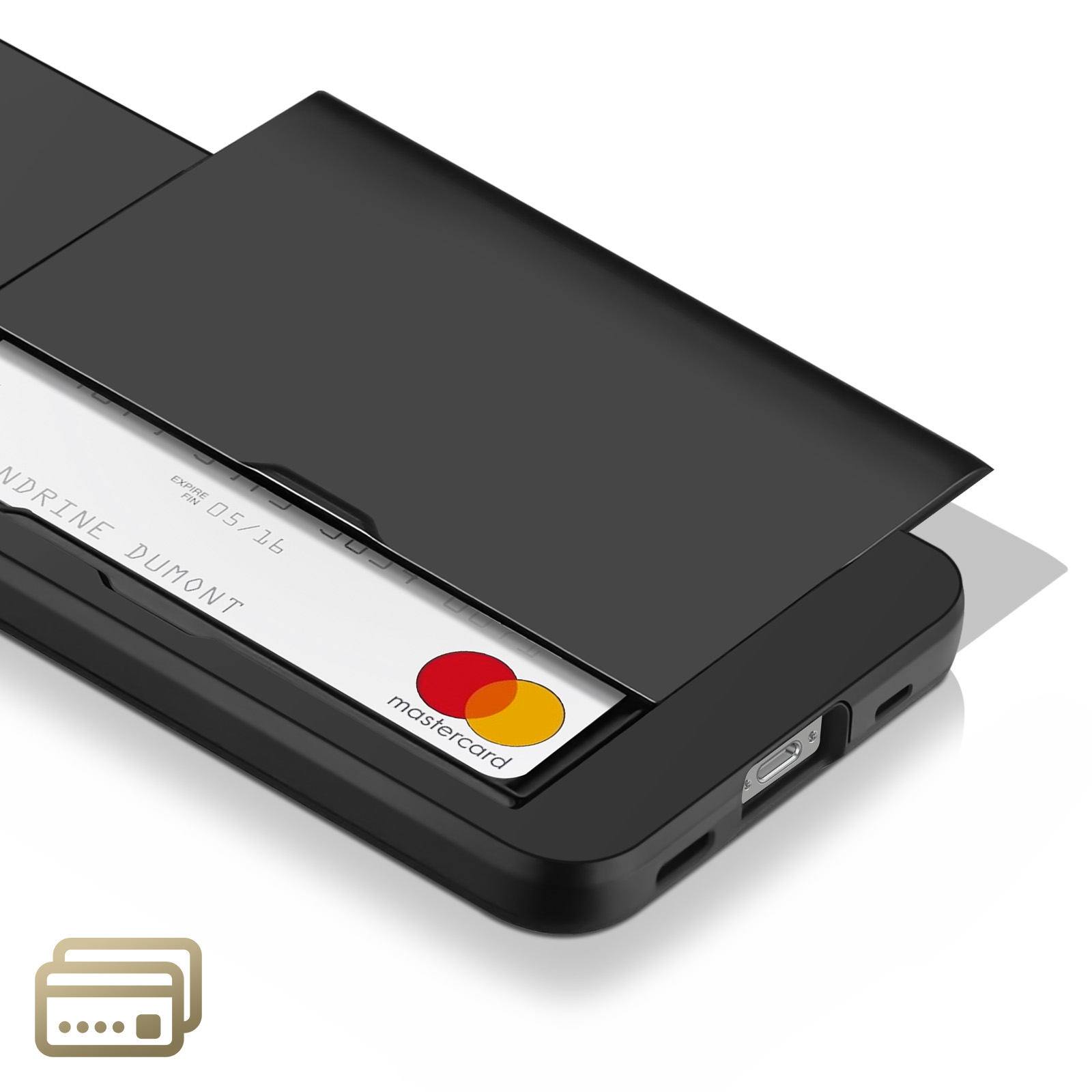 Una custodia nera per telefono con Mastercard e porta carte.