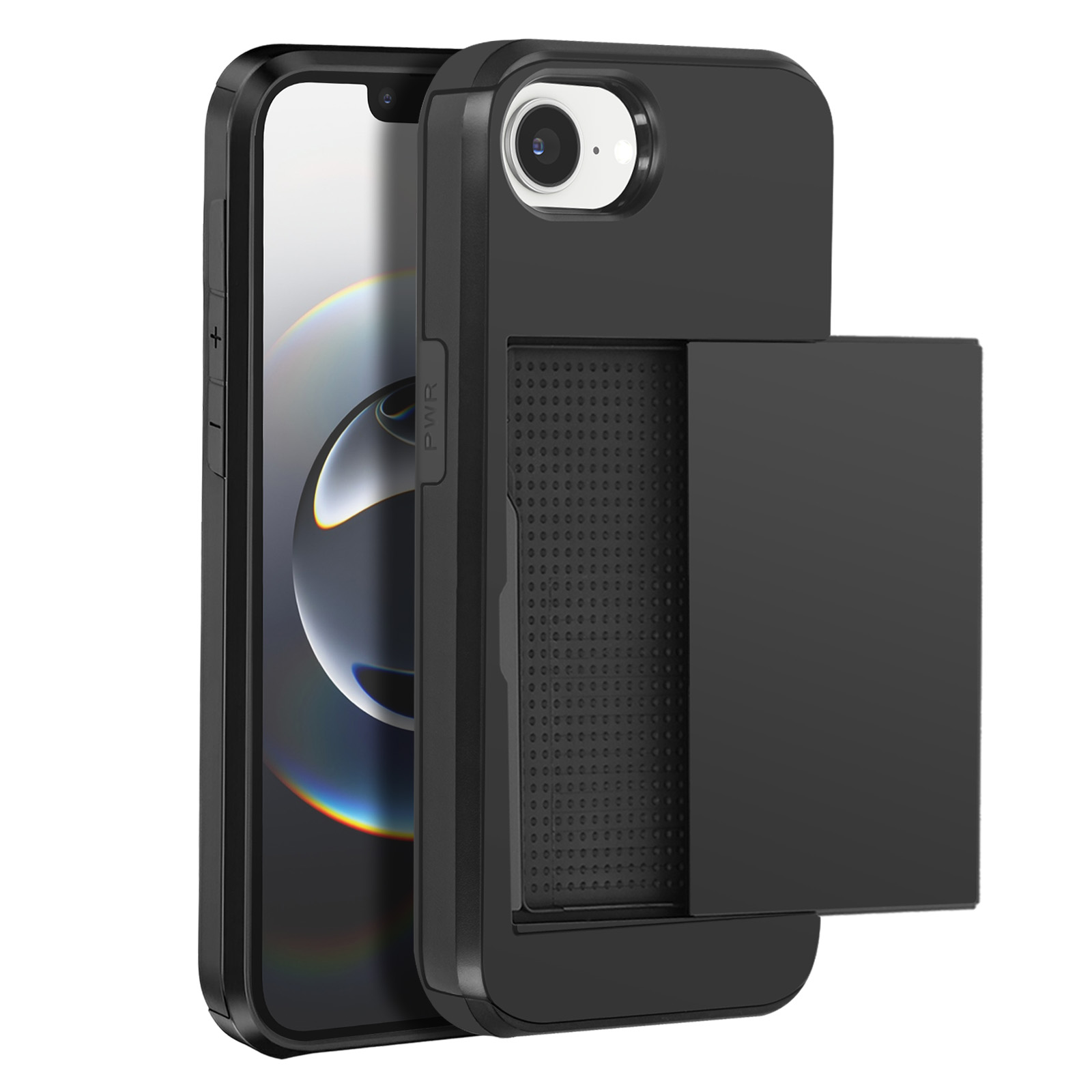 Custodia nera per telefono con portacarte, mostra obiettivo fotocamera e pulsanti volume.