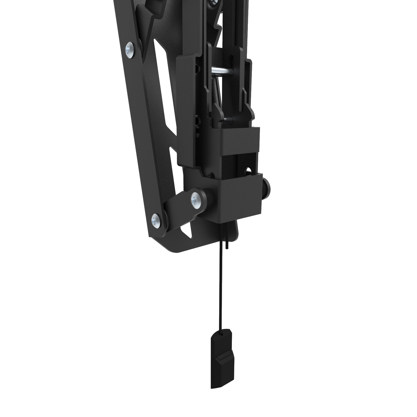 Een zwart mechanisme met een touw en een zwarte hanger.