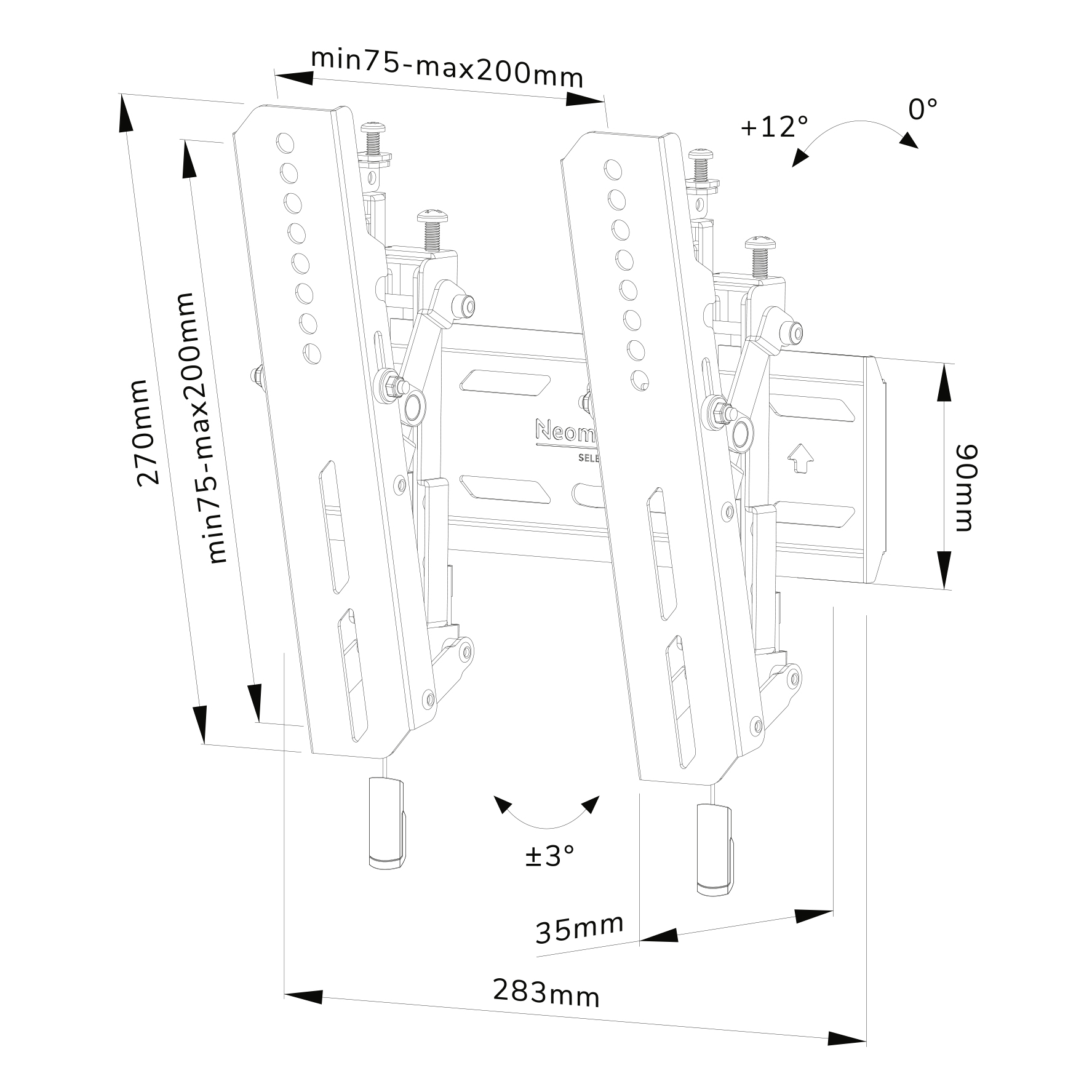 Technische tekening van een tv-beugel met afmetingen.