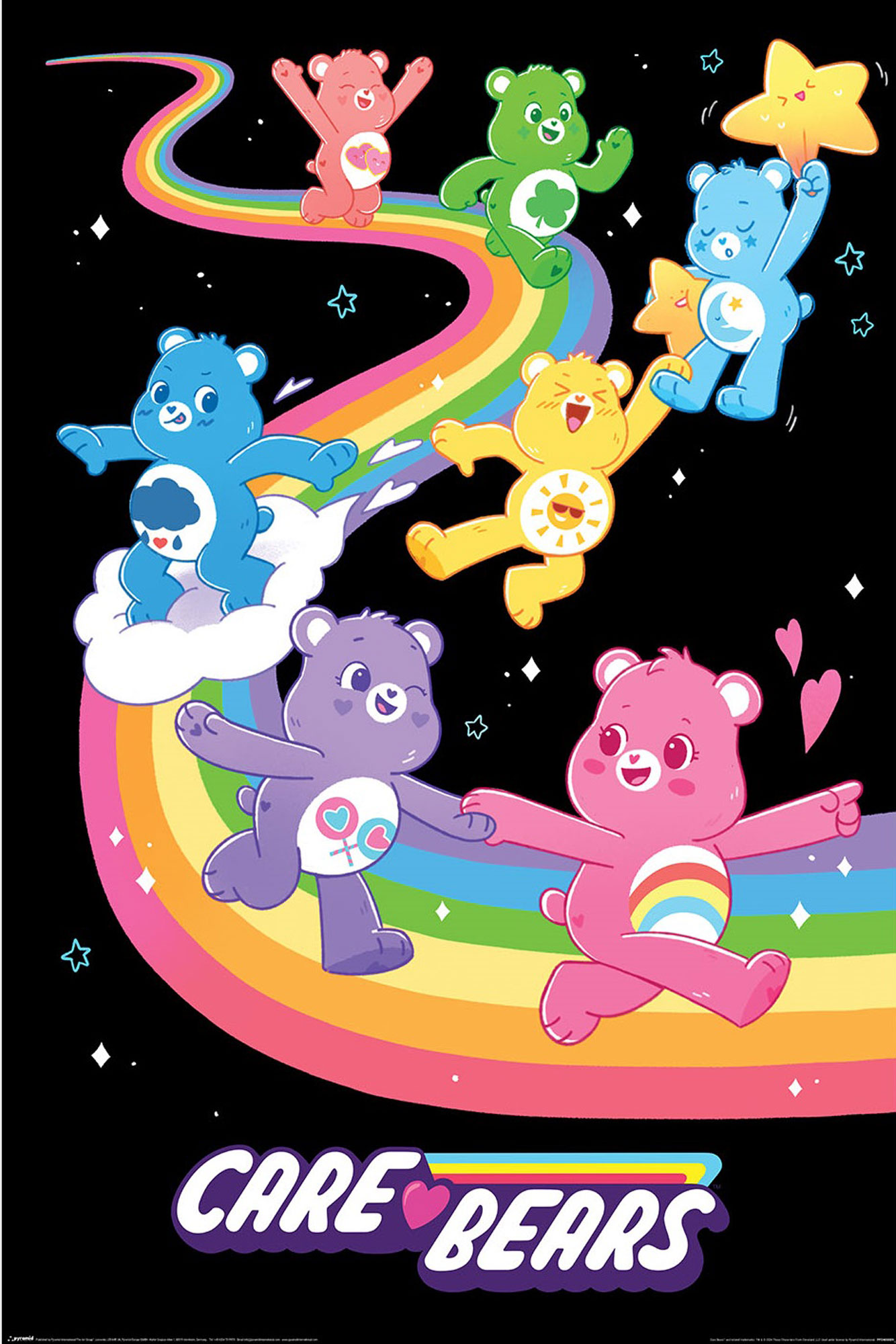 Sieben Care Bears auf einem Regenbogen mit Sternen und Wolken. Text: CARE BEARS.