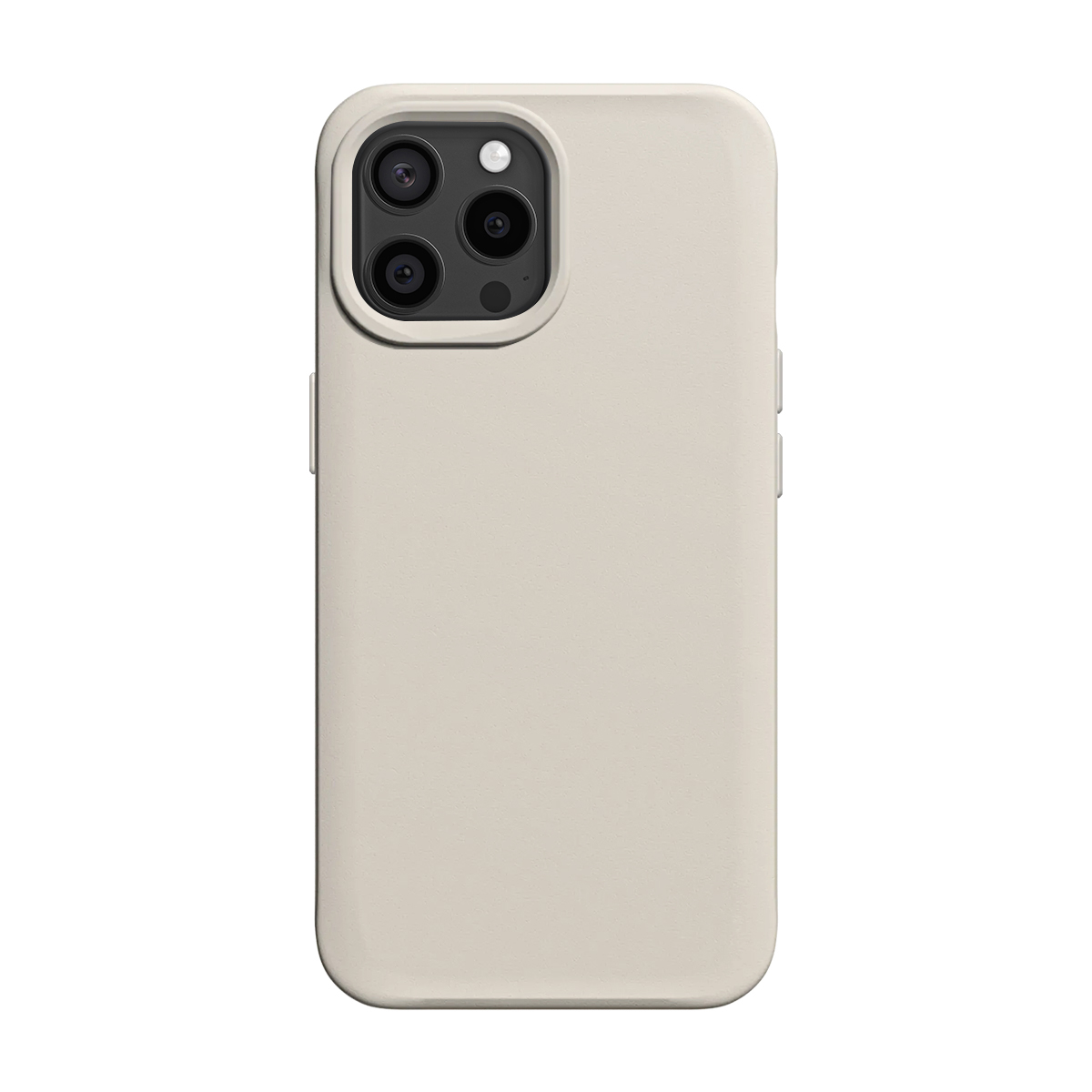 Een crèmekleurige telefoonhoes met cameramodule op witte achtergrond.