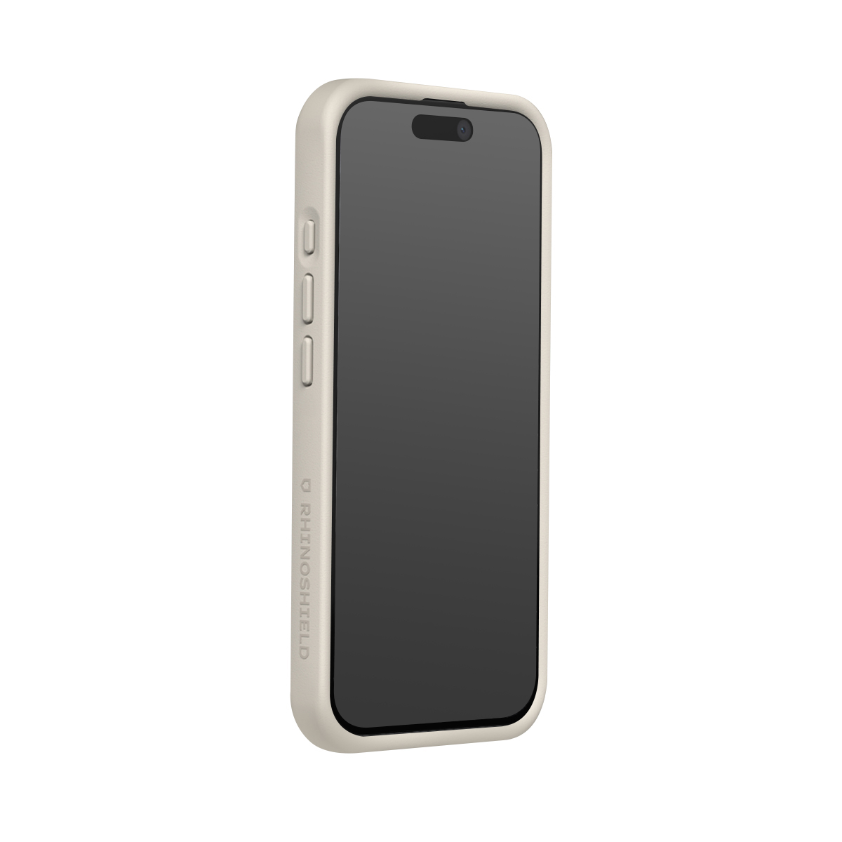 Een lichtbeige telefoonhoesje met zwart scherm en zijknopjes.