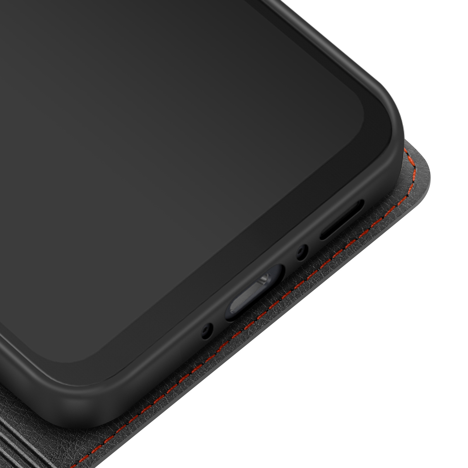 Nahaufnahme des unteren Rands eines schwarzen Smartphone-Gehäuses mit roten Nähten.