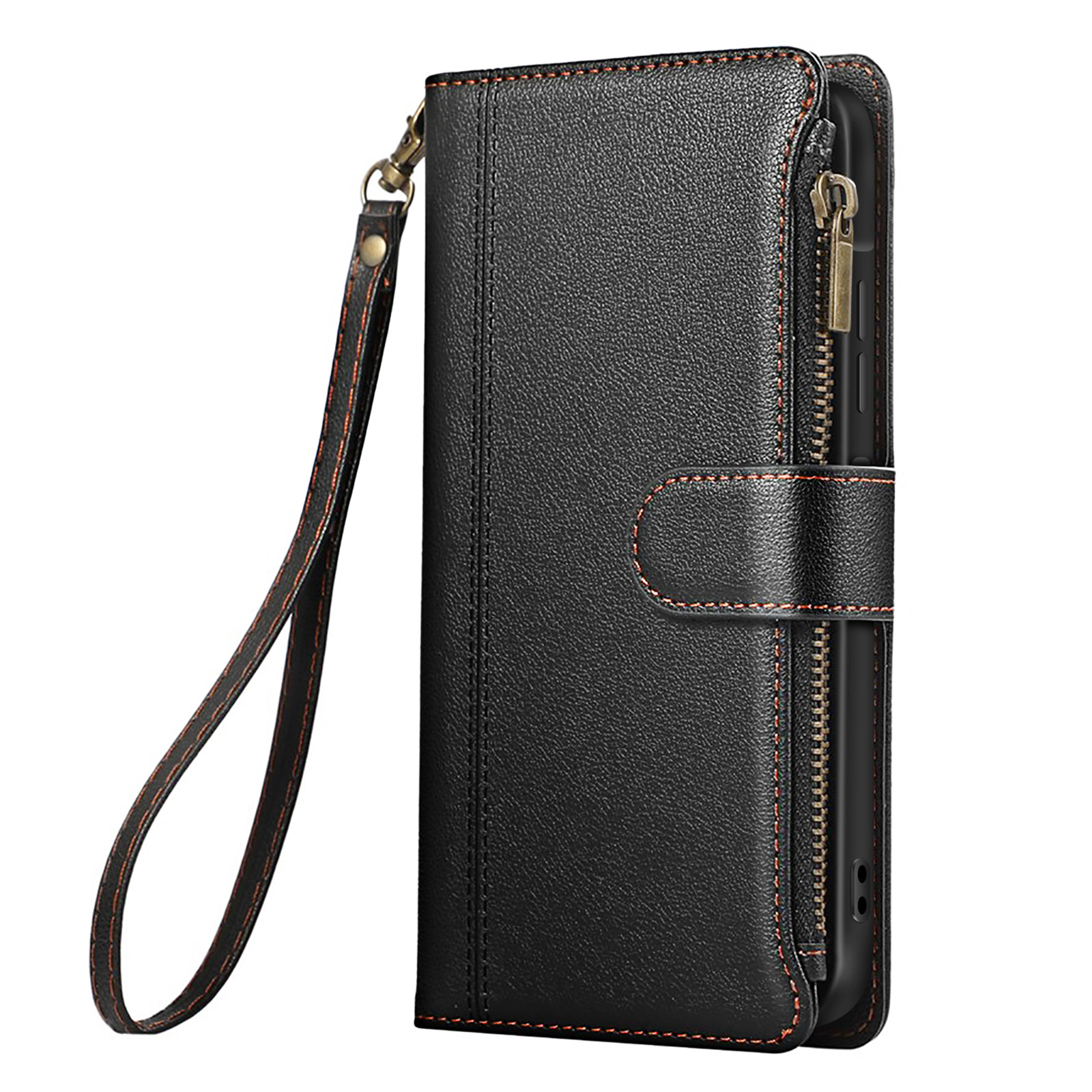 Schwarzes Leder-Flip-Case mit Reißverschluss und Handschlaufe.