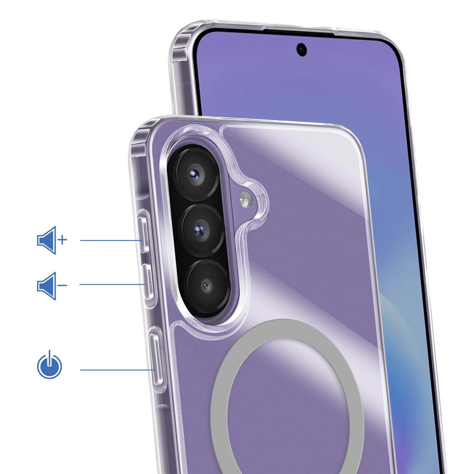 Ein transparentes Handyhülle mit drei Kameras und Lautstärketasten.