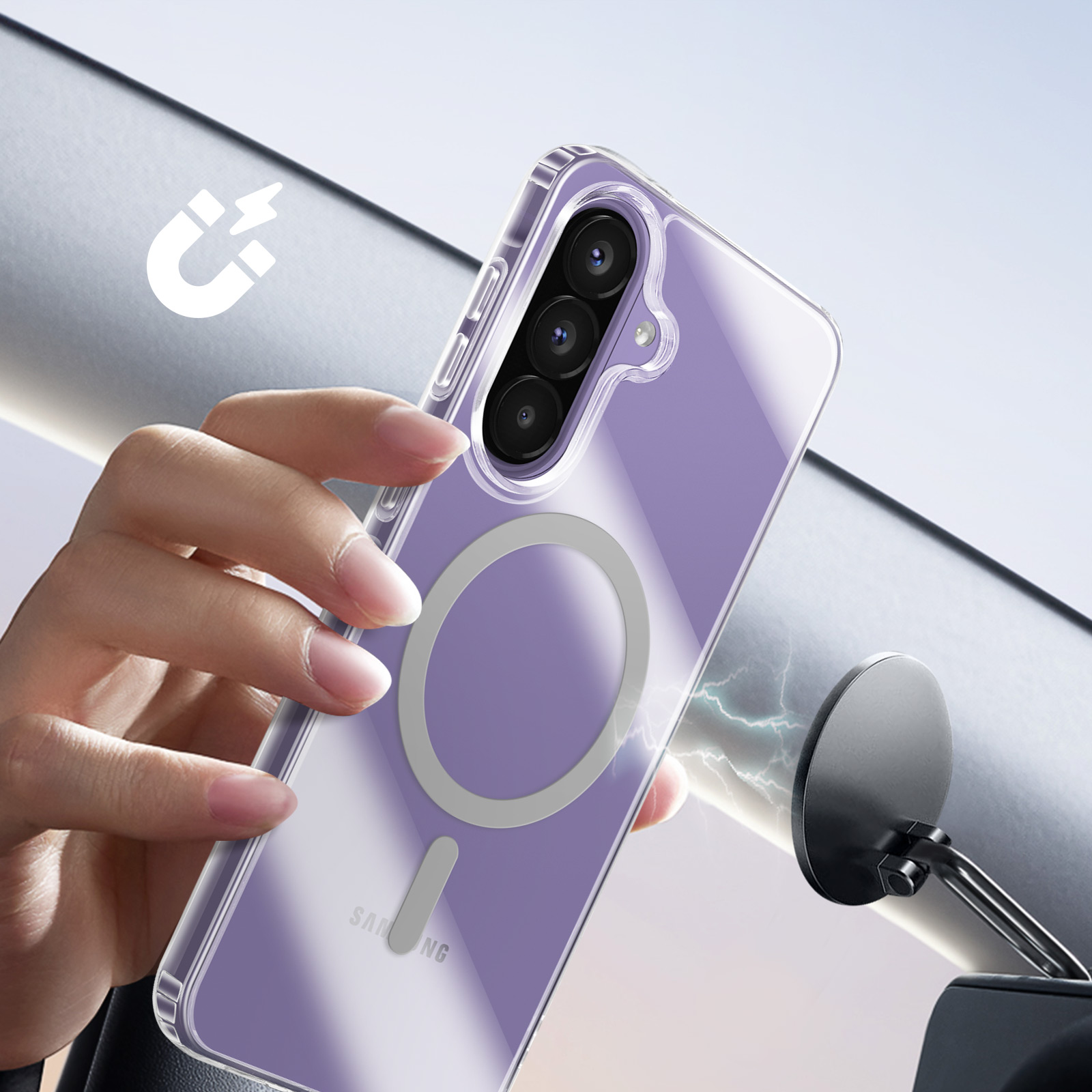 Eine Hand hält ein durchsichtiges lilafarbenes Handy mit Magnetring. Ein Magnet ist sichtbar.