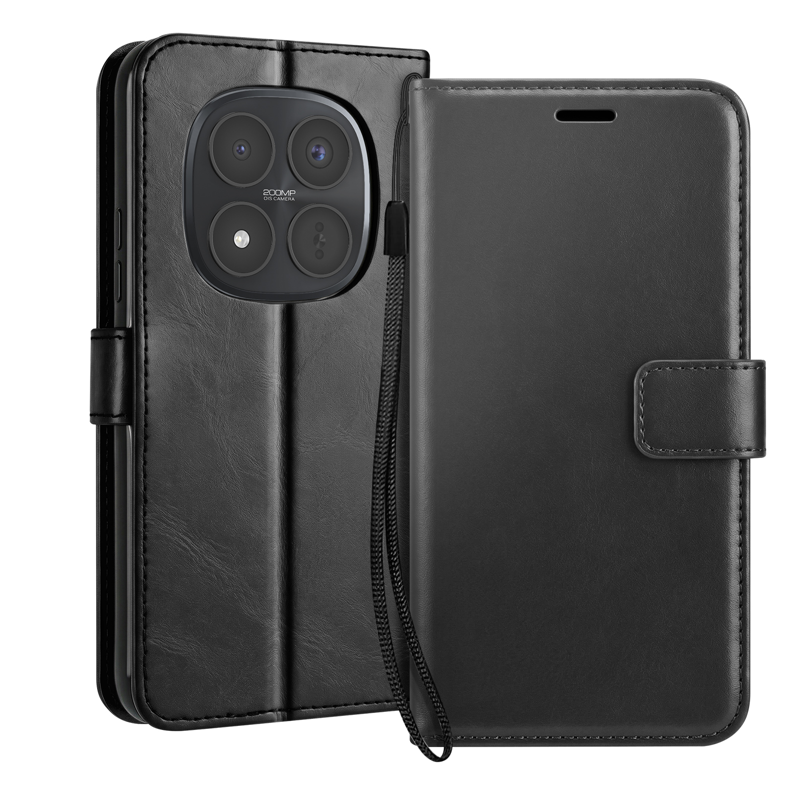 Étui de téléphone noir en cuir avec configuration de quatre caméras.