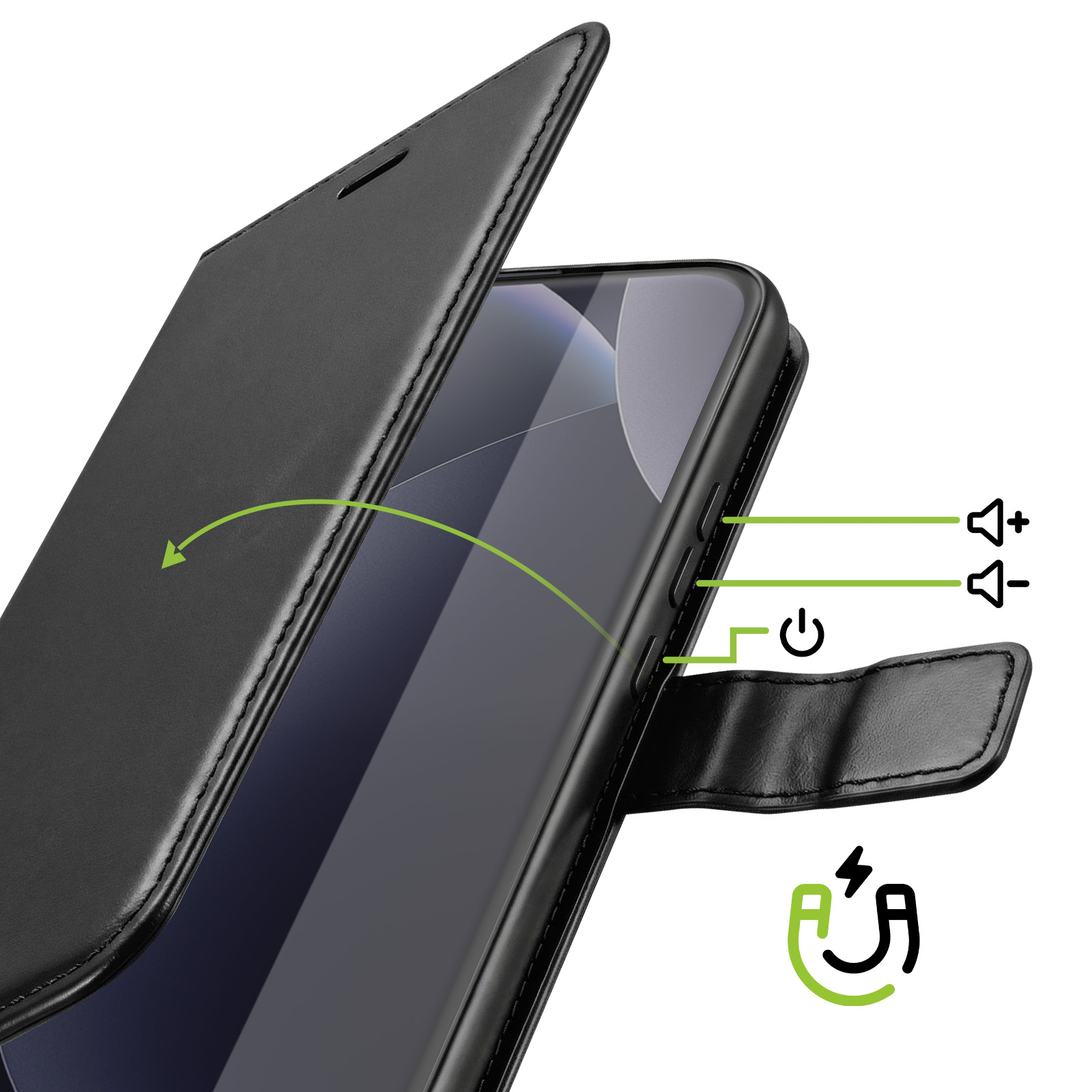 Étui de téléphone noir avec rabat ouvert, icônes volume et alimentation.