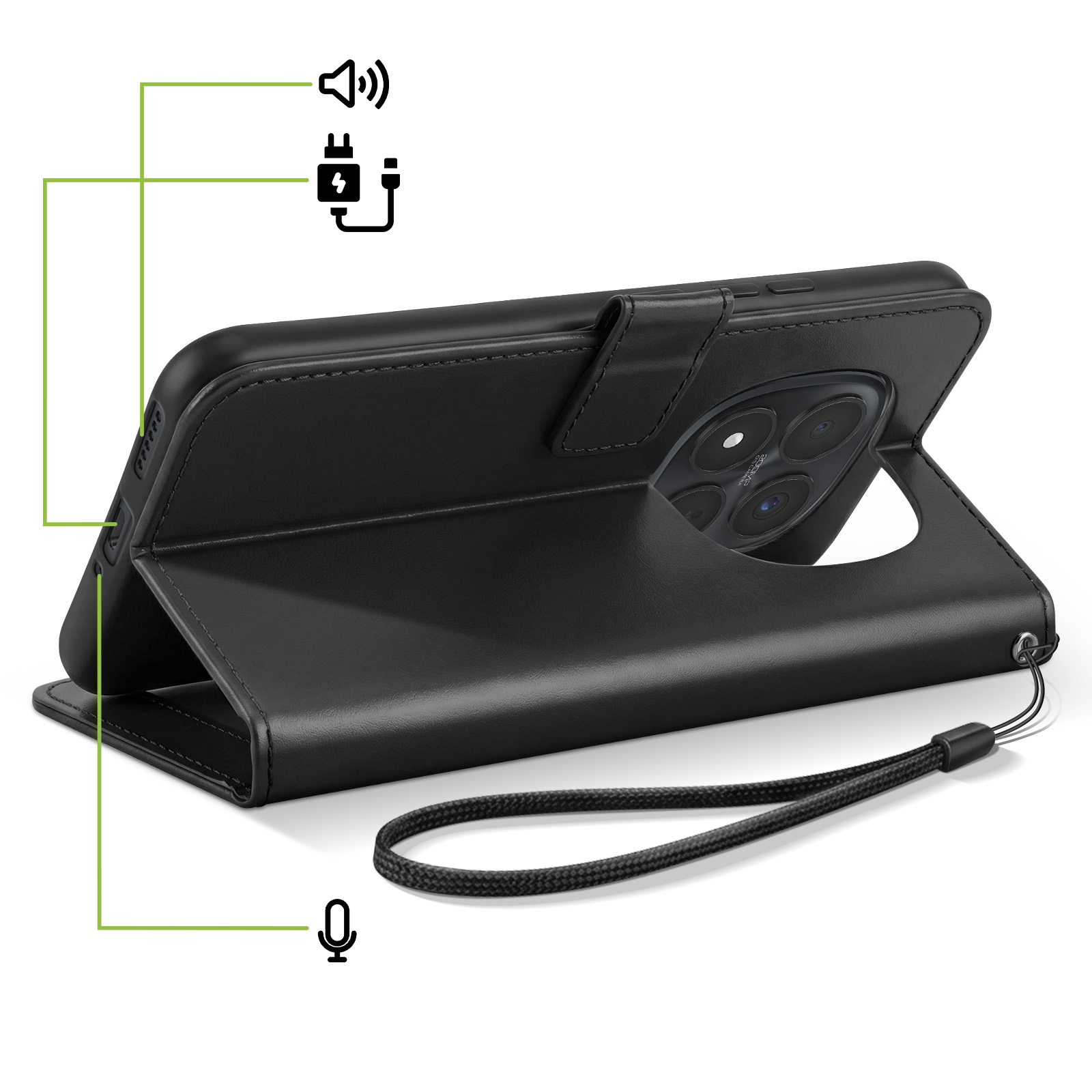 Étui noir en cuir pour téléphone avec appareil photo et lanière. Icônes son, charge, micro.
