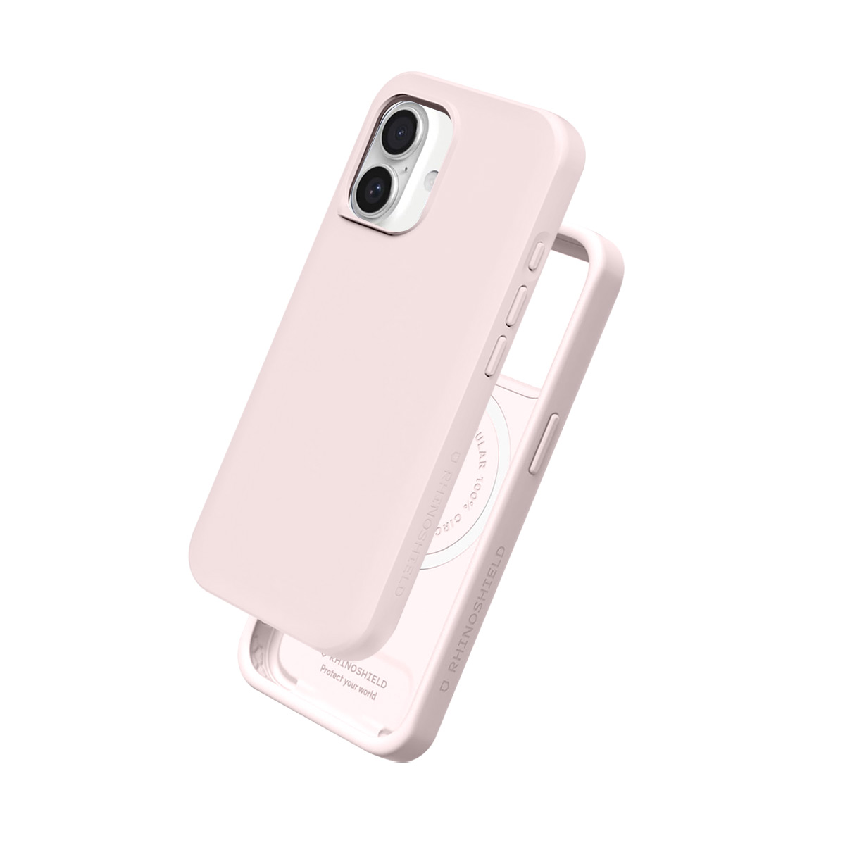 Een lichtroze iPhone-hoesje rust op een witte achtergrond.